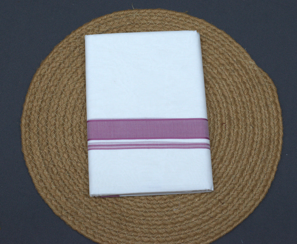 Premium White Cotton Double Mundu with Elegant Mauve Border