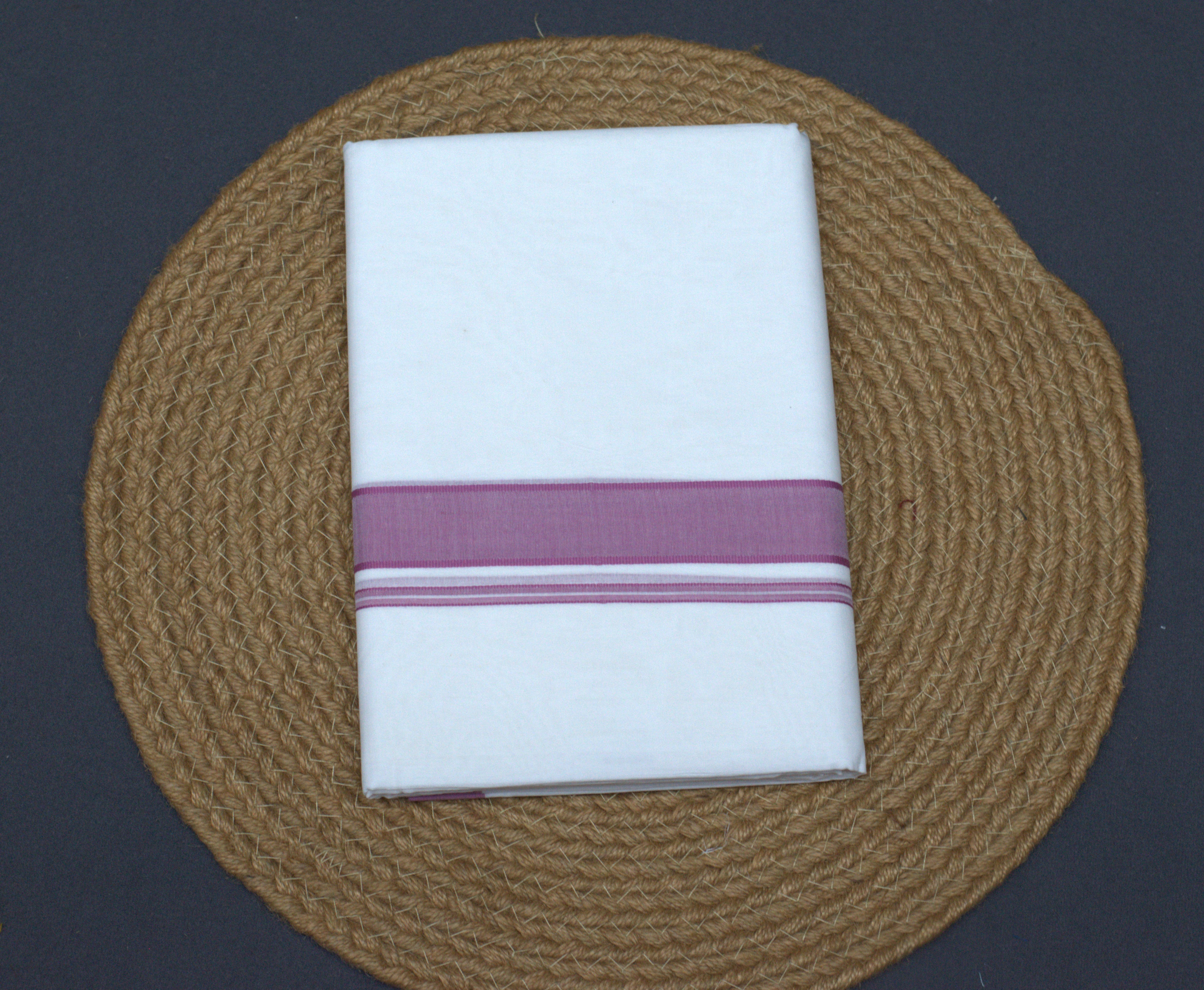 Premium White Cotton Double Mundu with Elegant Mauve Border