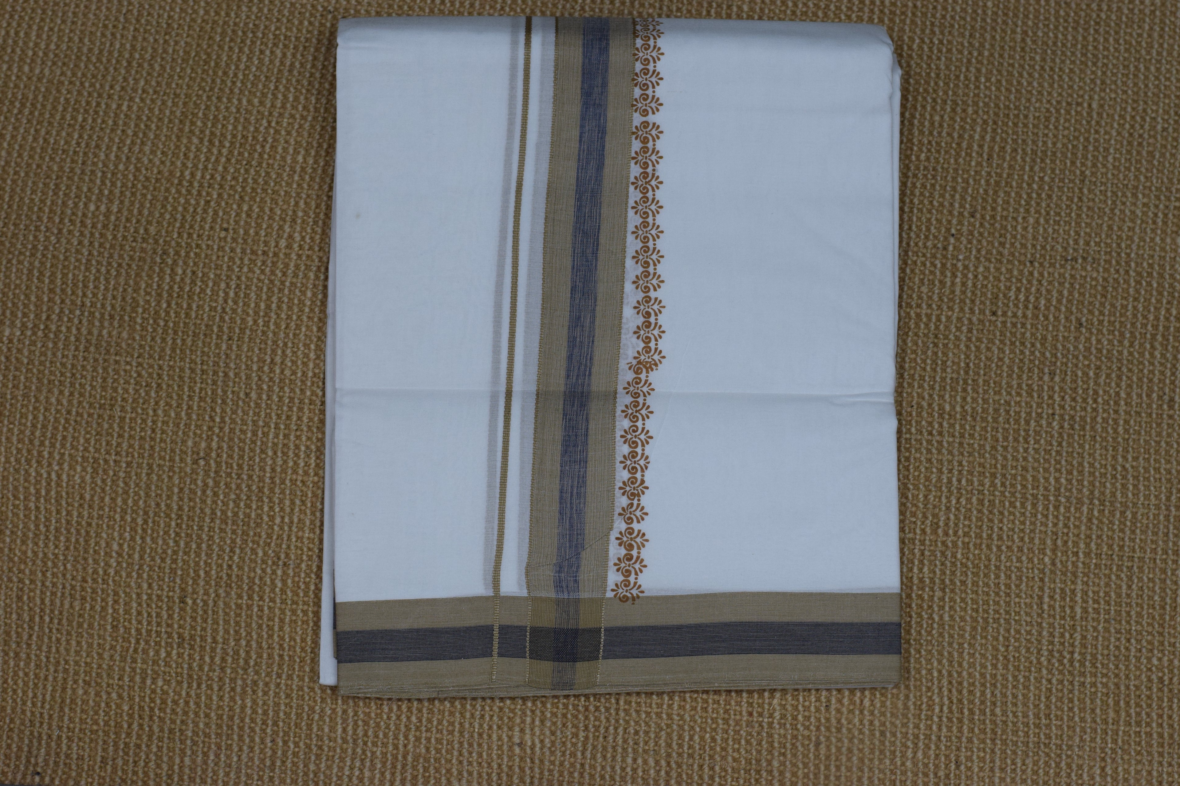 Premium Cotton Double Mundu with Kasavu & Blue Border