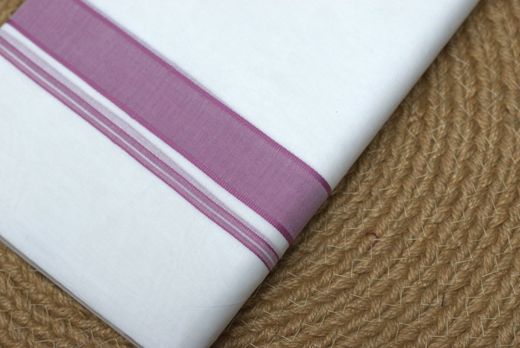 Premium White Cotton Double Mundu with Elegant Mauve Border