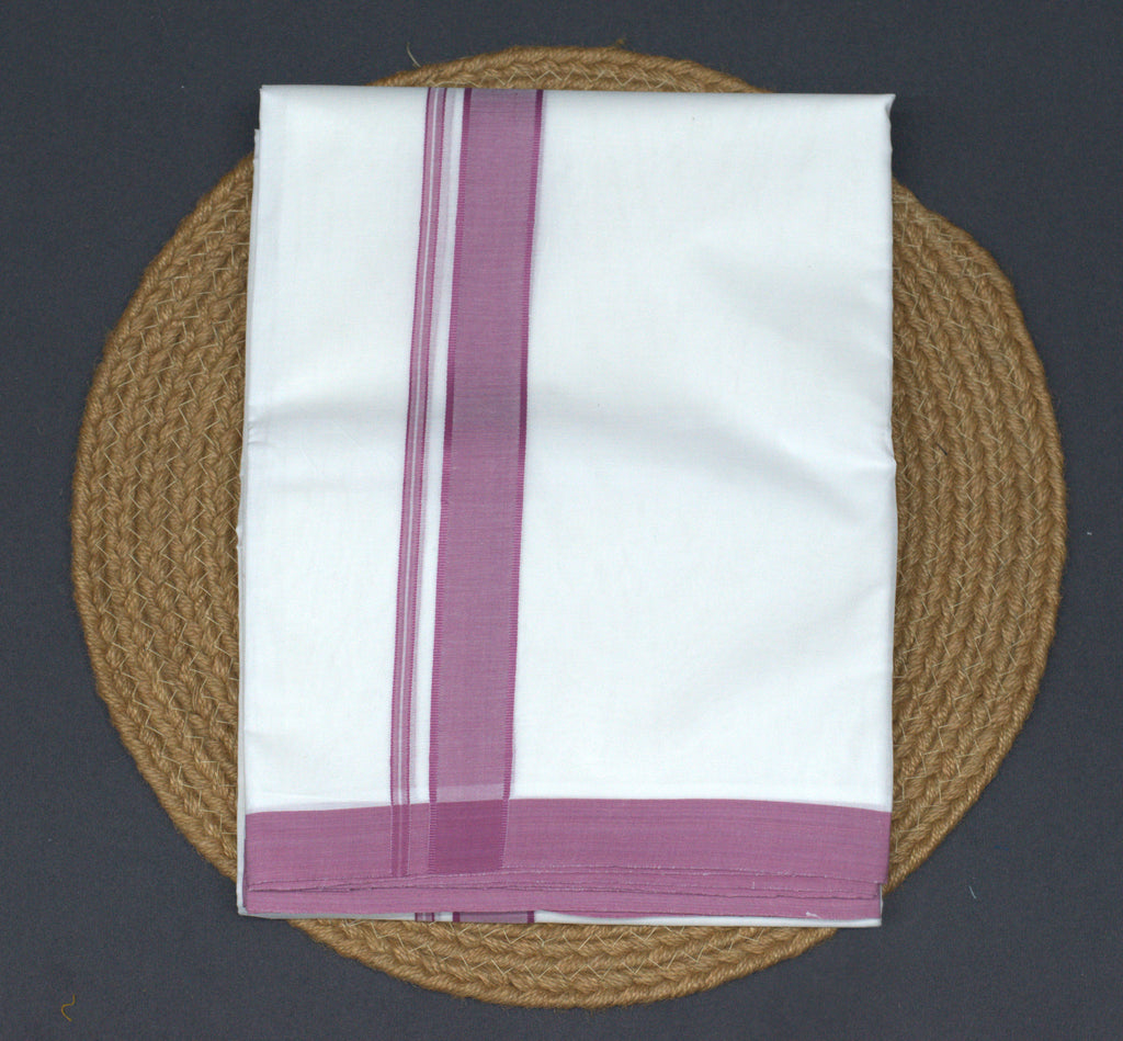 Premium White Cotton Double Mundu with Elegant Mauve Border