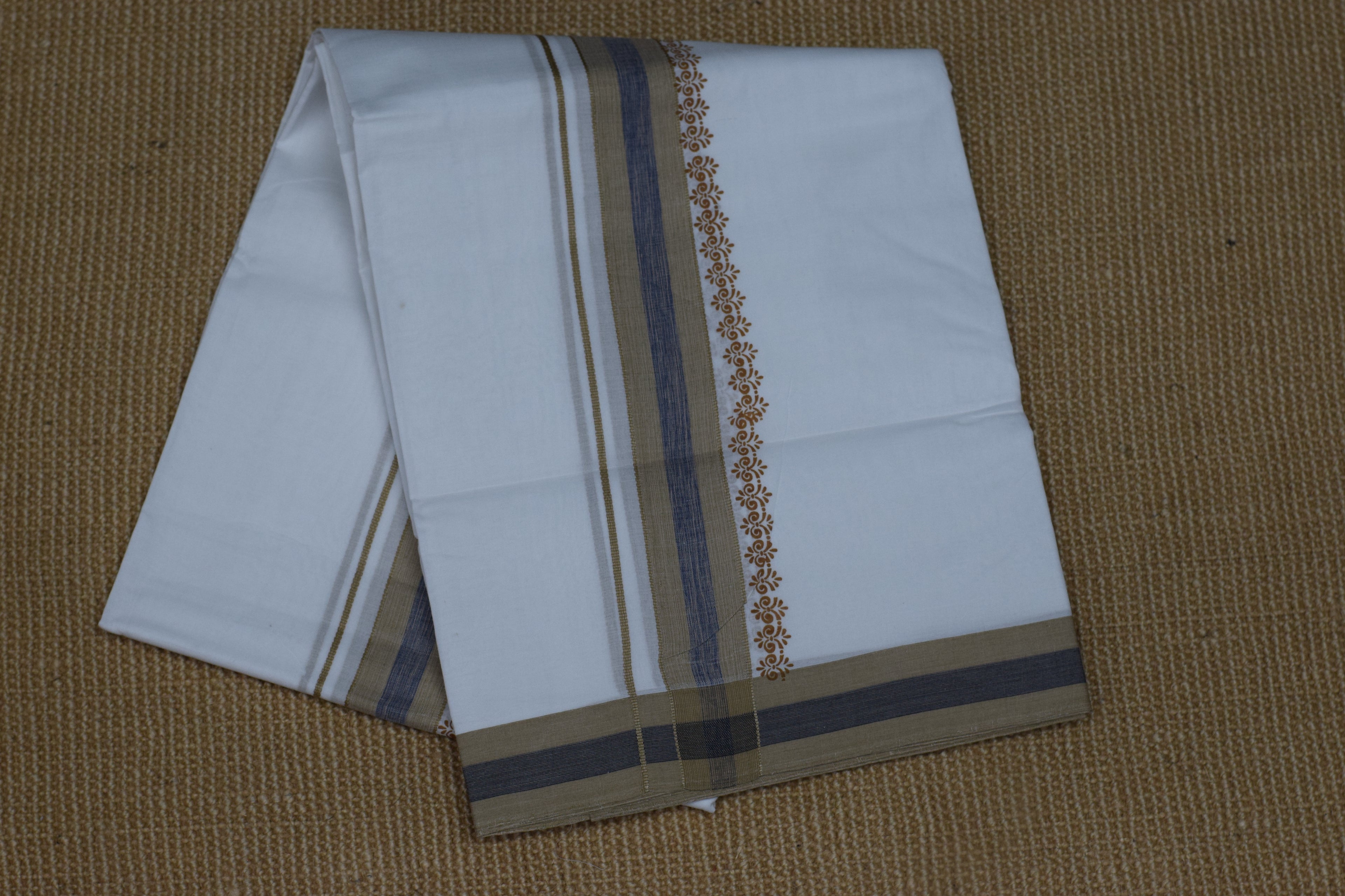Premium Cotton Double Mundu with Kasavu & Blue Border