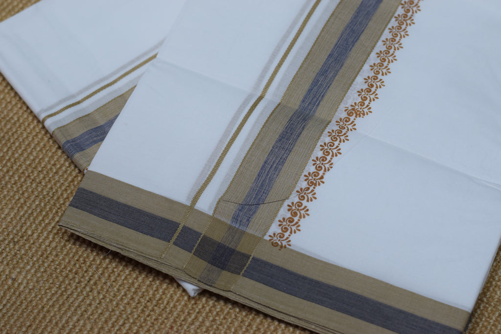 Premium Cotton Double Mundu with Kasavu & Blue Border