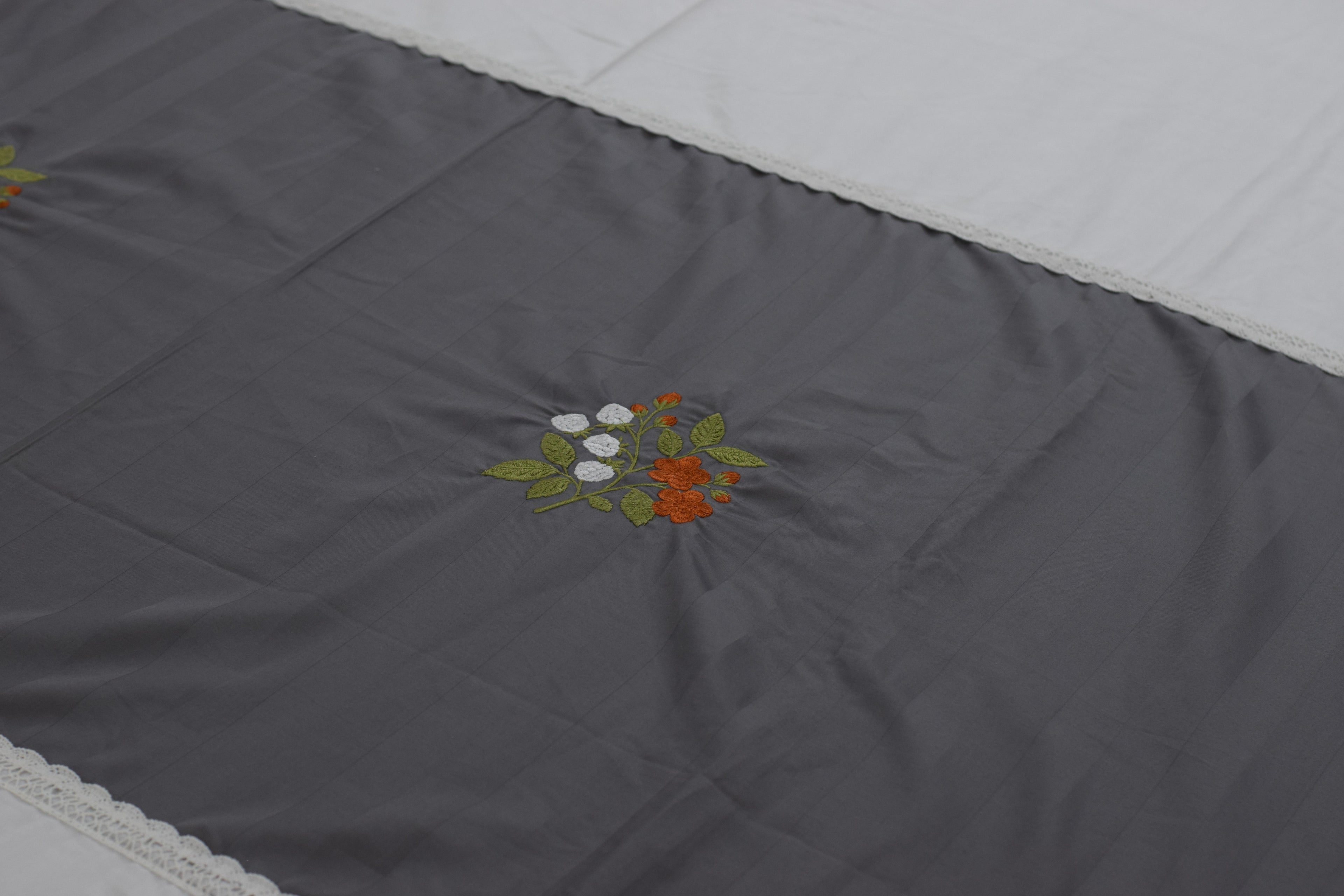 King Size Satin Finish Cotton Bedspread with Embroidered Floral Panel & 2 Pillow Covers | White & Grey | 100 x 112 Inches