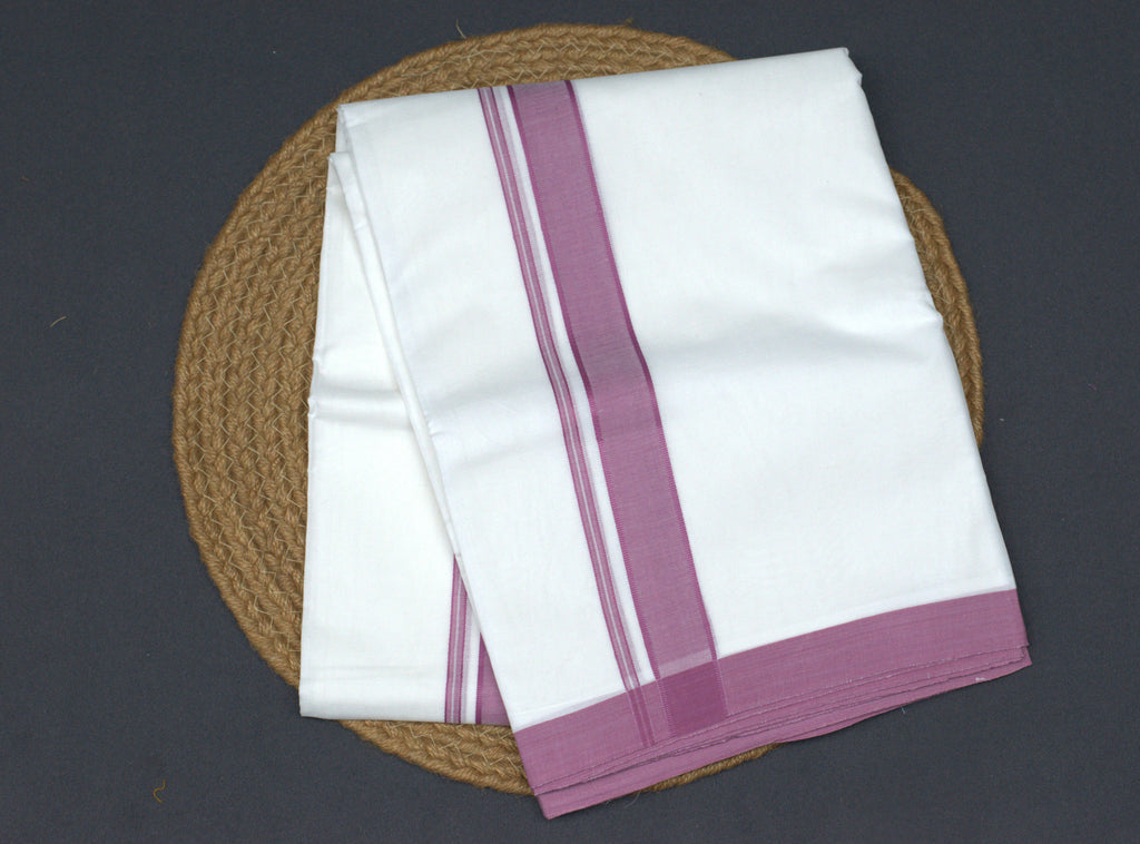 Premium White Cotton Double Mundu with Elegant Mauve Border