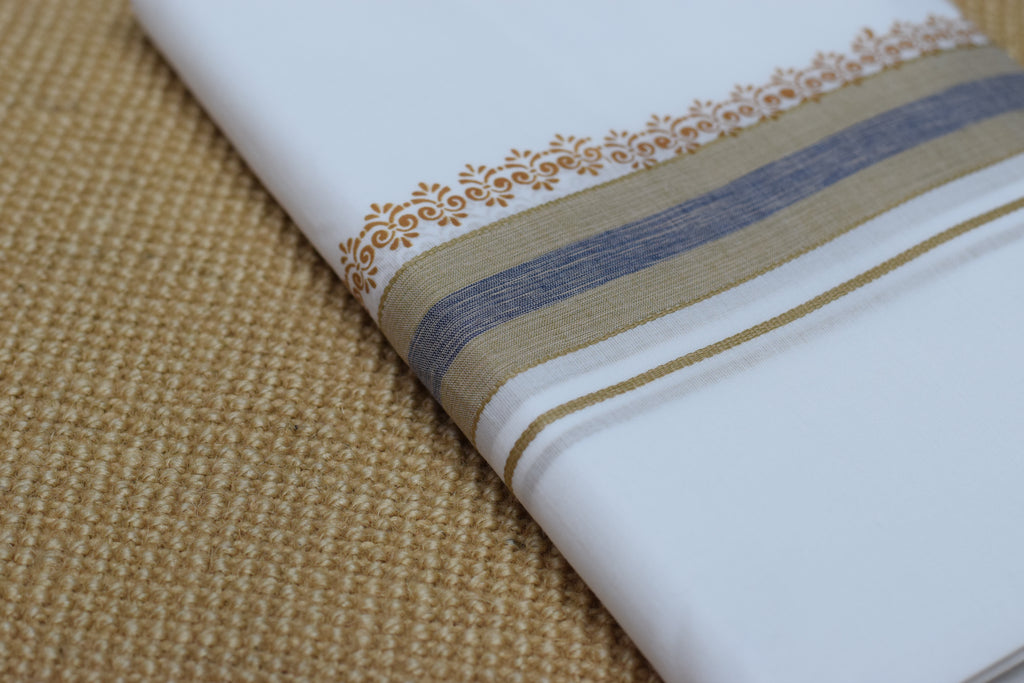 Premium Cotton Double Mundu with Kasavu & Blue Border