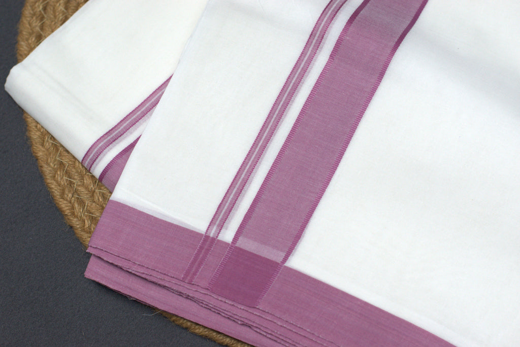 Premium White Cotton Double Mundu with Elegant Mauve Border