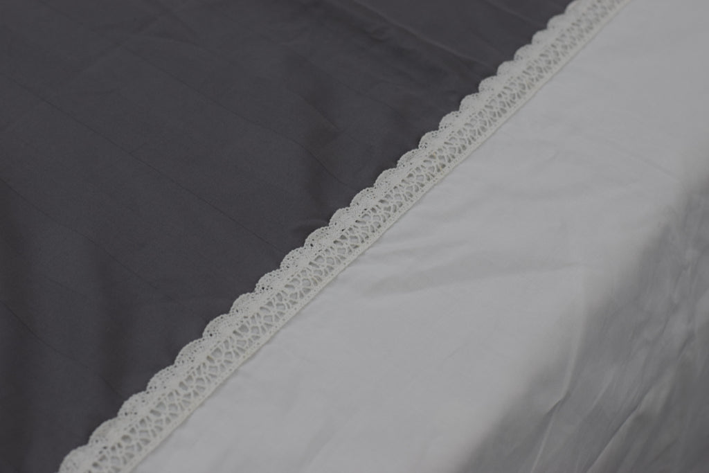 King Size Satin Finish Cotton Bedspread with Embroidered Floral Panel & 2 Pillow Covers | White & Grey | 100 x 112 Inches