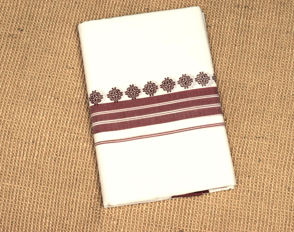 Premium Cotton Double Mundu with Maroon Border & Traditional Design-white