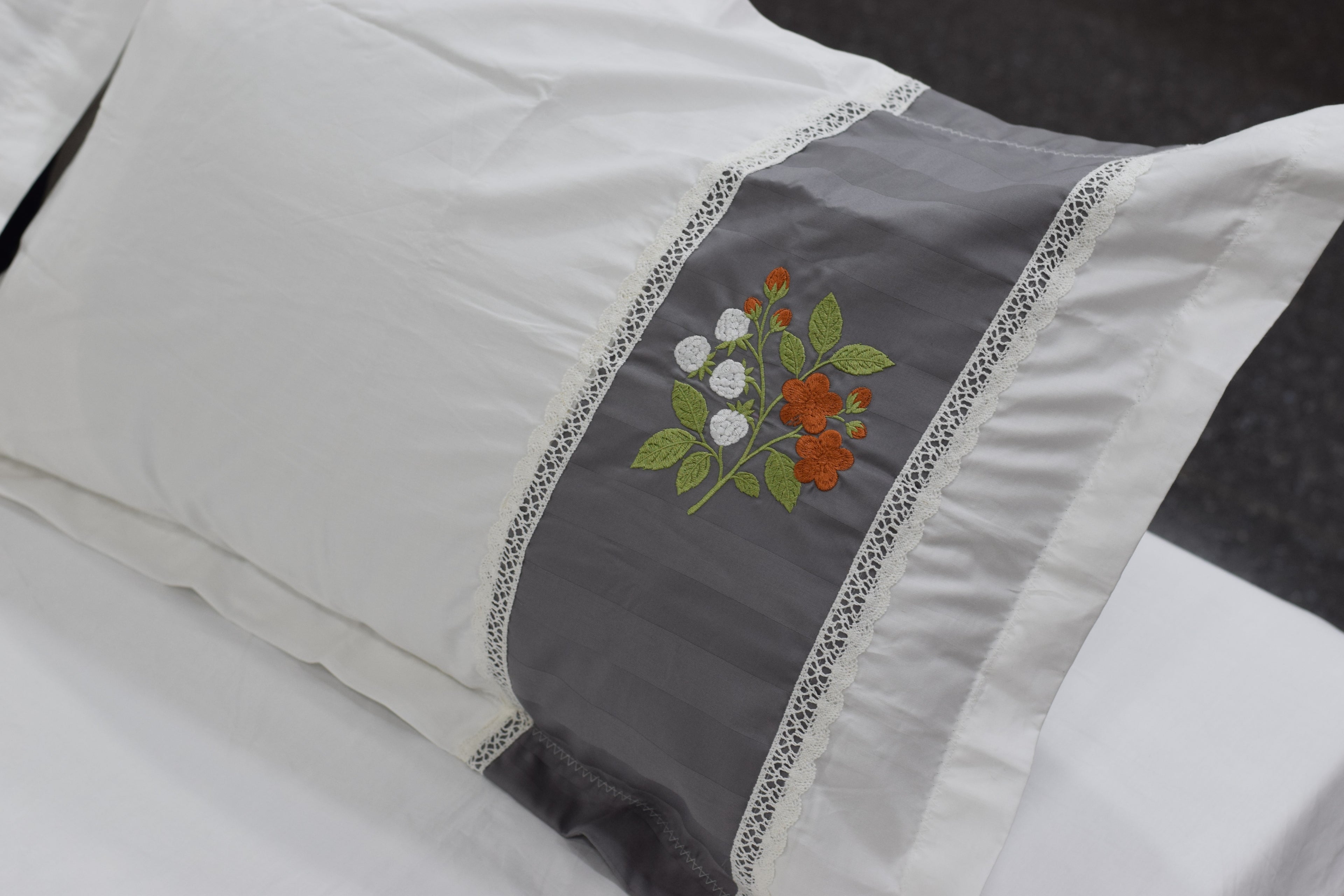 King Size Satin Finish Cotton Bedspread with Embroidered Floral Panel & 2 Pillow Covers | White & Grey | 100 x 112 Inches