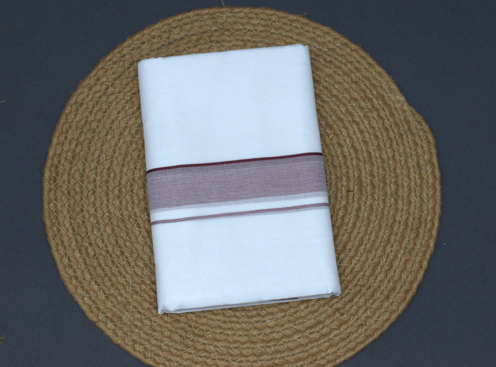 Premium Pure Cotton Double Mundu with Maroon Striped Border