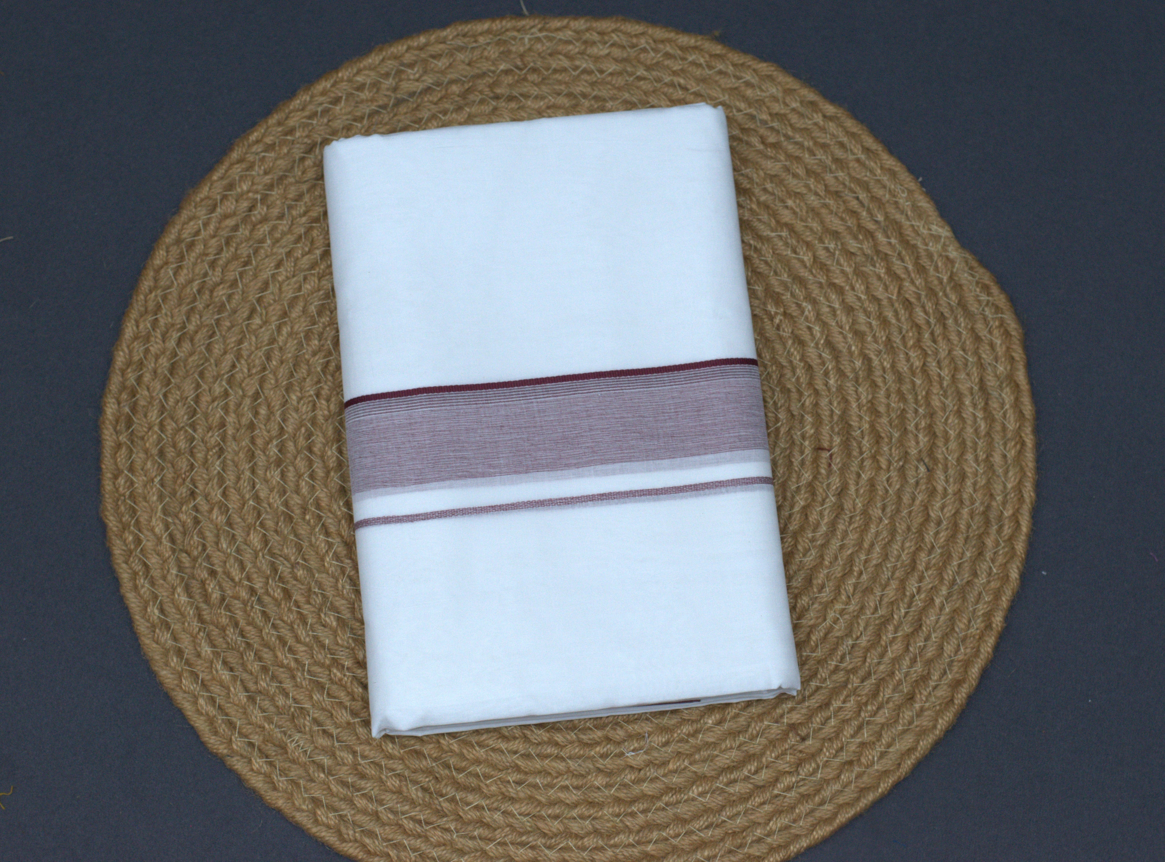Premium Pure Cotton Double Mundu with Maroon Striped Border