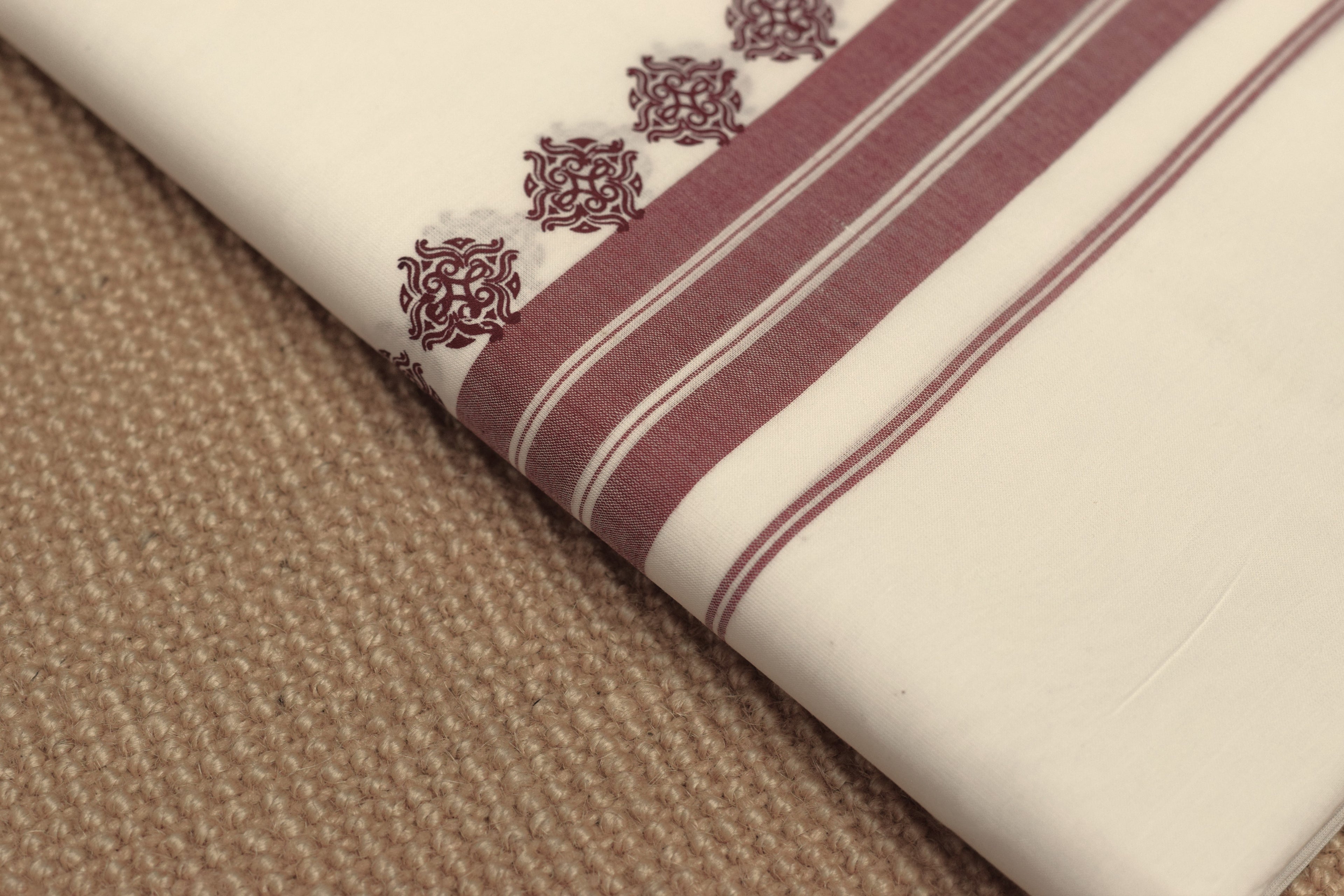 Premium Cotton Double Mundu with Maroon Border & Traditional Design-white