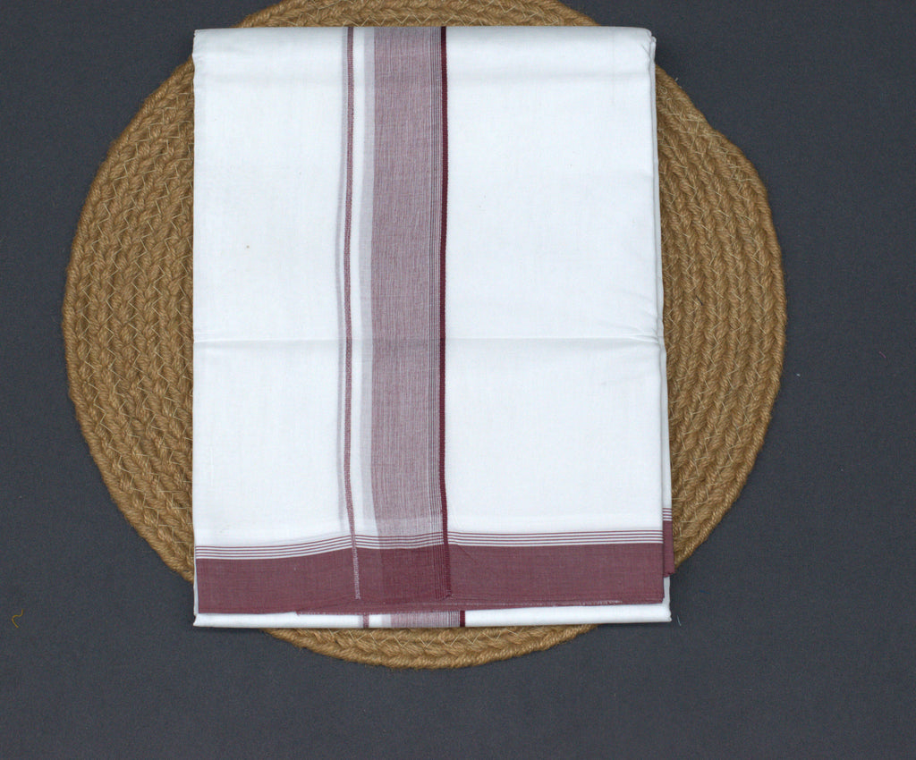 Premium Pure Cotton Double Mundu with Maroon Striped Border