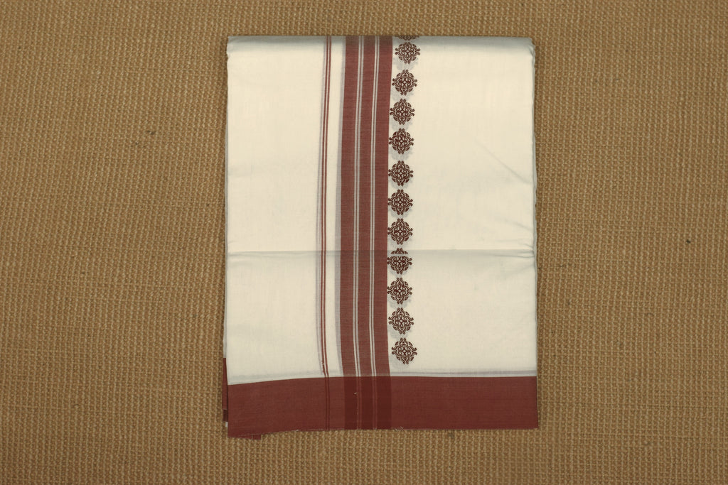 Premium Cotton Double Mundu with Maroon Border & Traditional Design-white