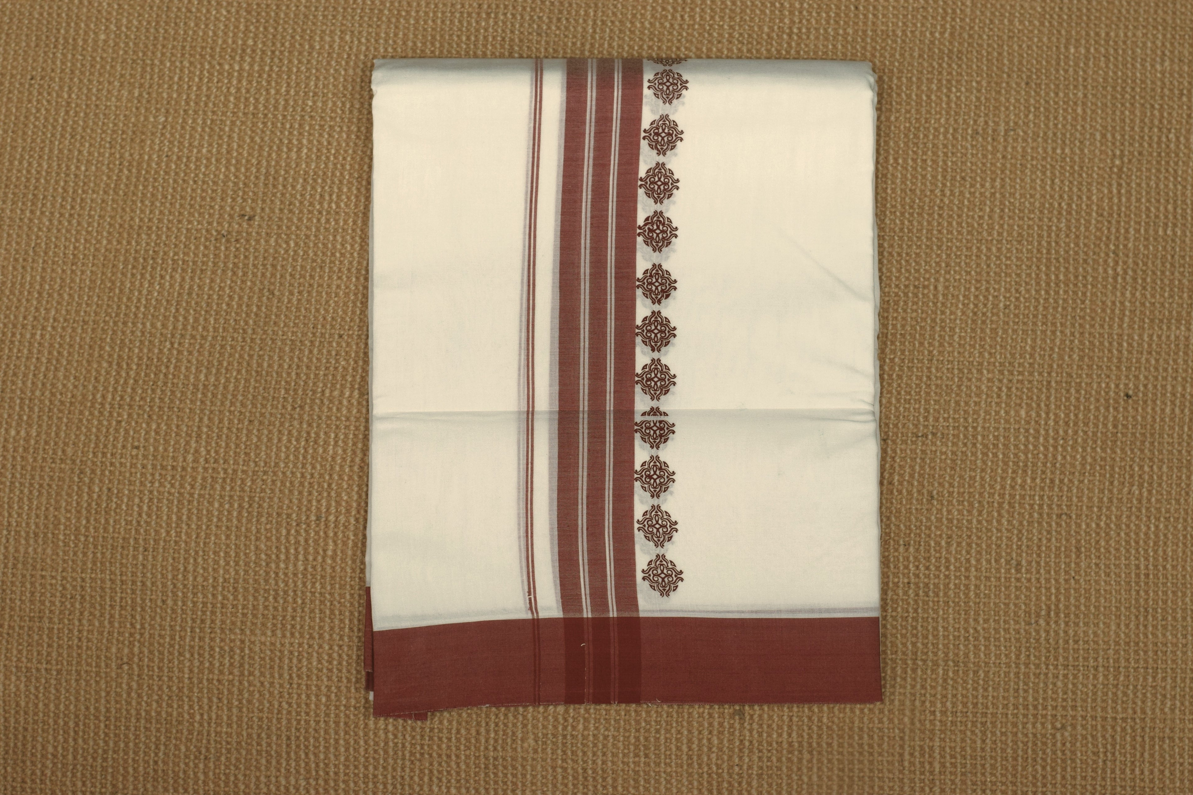 Premium Cotton Double Mundu with Maroon Border & Traditional Design-white