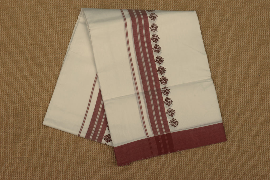 Premium Cotton Double Mundu with Maroon Border & Traditional Design-white