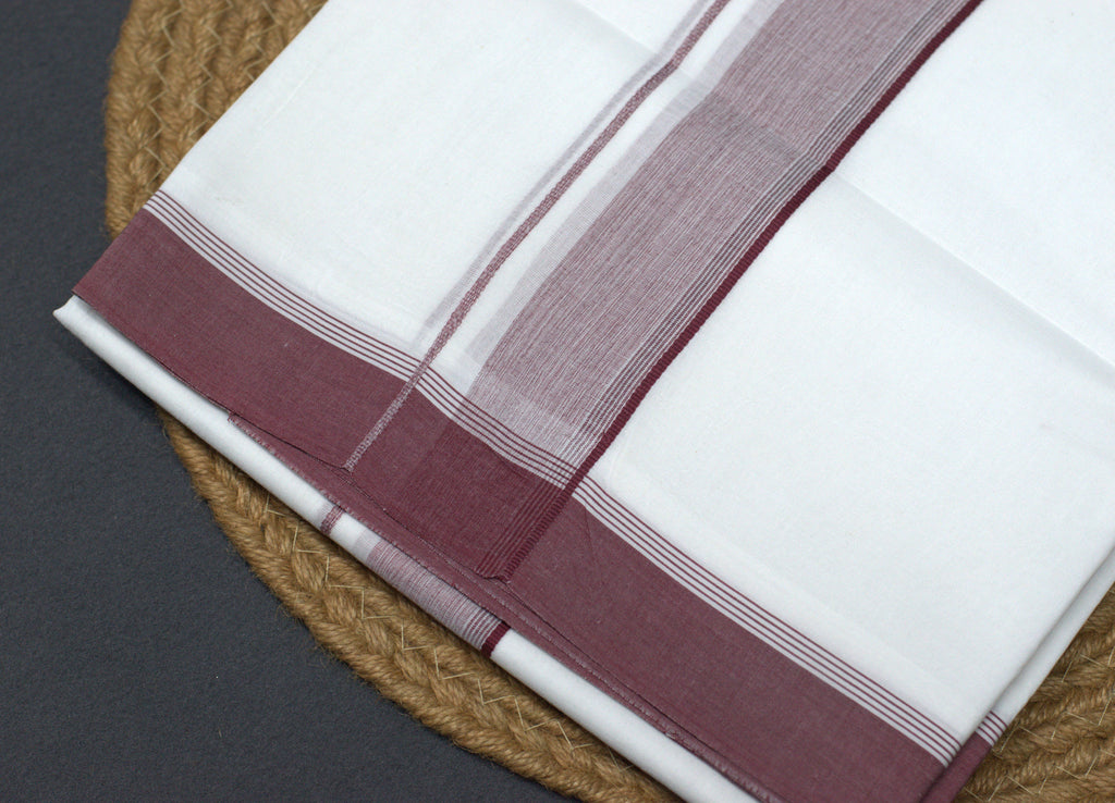 Premium Pure Cotton Double Mundu with Maroon Striped Border