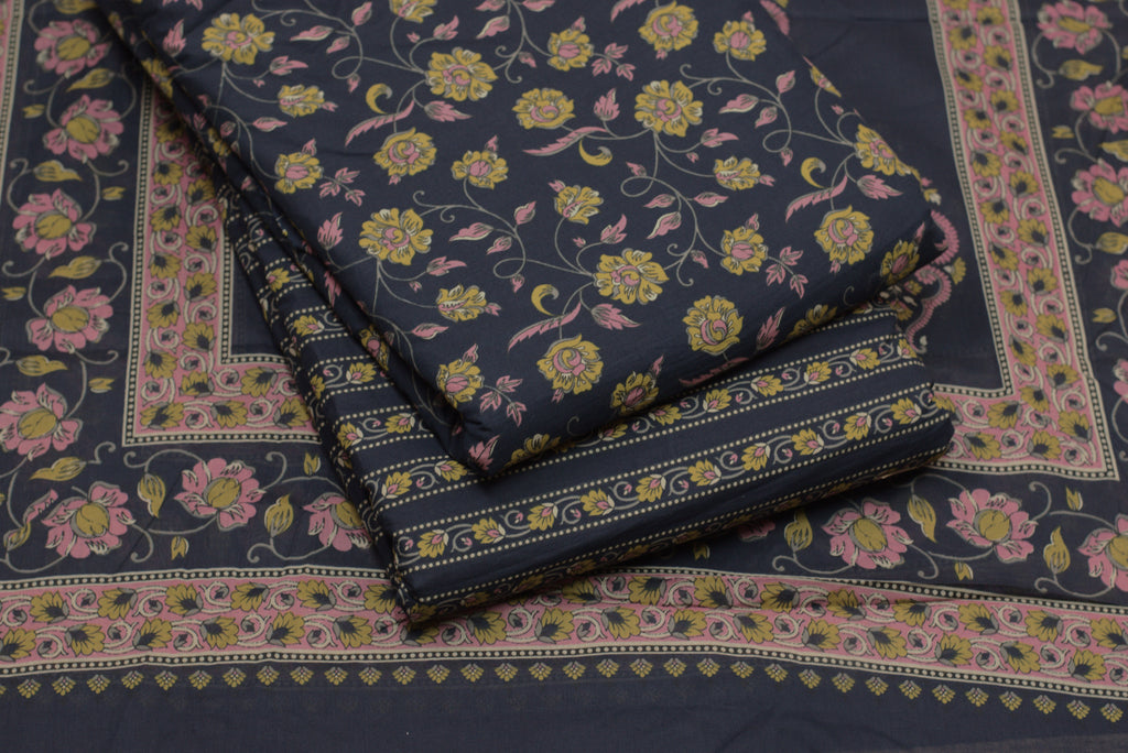 Navy Blue  Cotton Churidar Material Set with Top, Bottom & Shawl – Nushio by Pulpel
