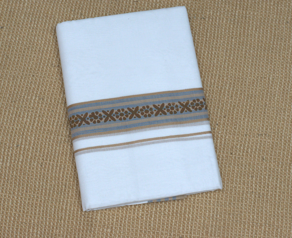 Premium White Cotton Double Mundu with Brown & Blue Kasavu Border