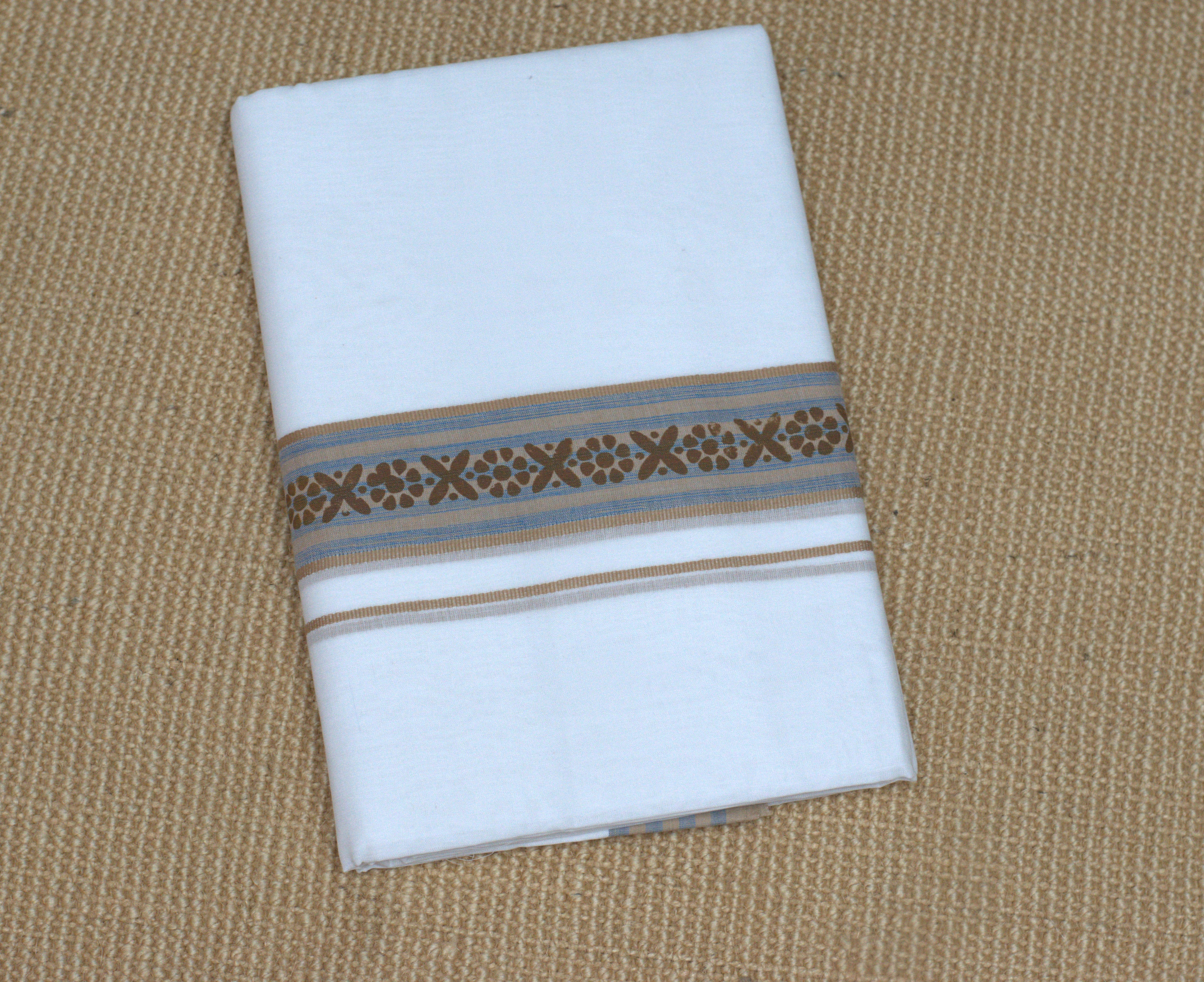 Premium White Cotton Double Mundu with Brown & Blue Kasavu Border