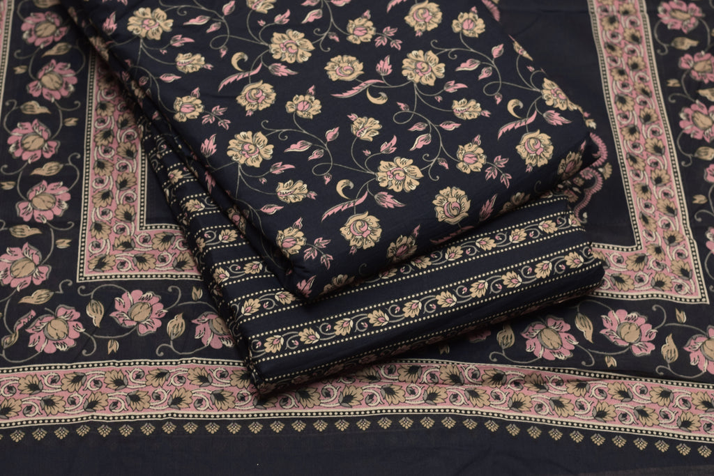 Navy Blue  Cotton Churidar Material Set with Top, Bottom & Shawl – Nushio by Pulpel