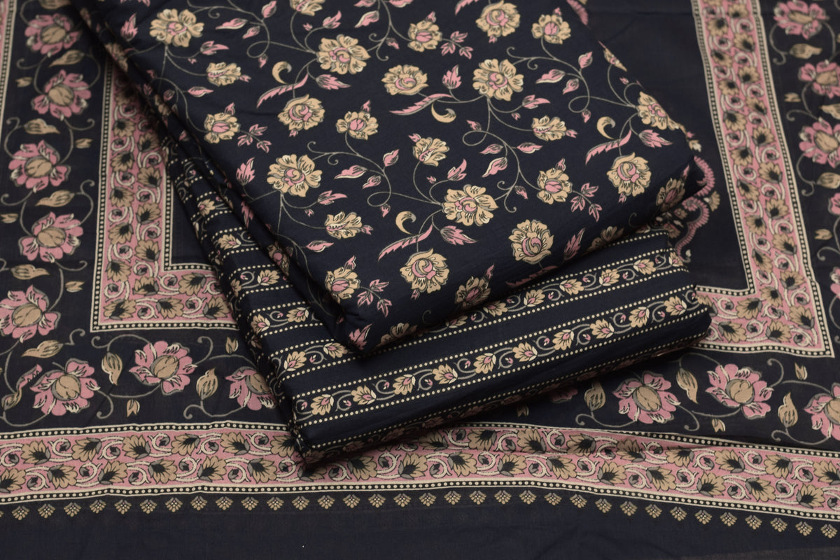 Navy Blue  Cotton Churidar Material Set with Top, Bottom & Shawl – Nushio by Pulpel