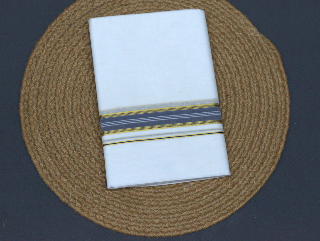 Premium White Cotton Double Mundu with Gold & Grey Kasavu Border