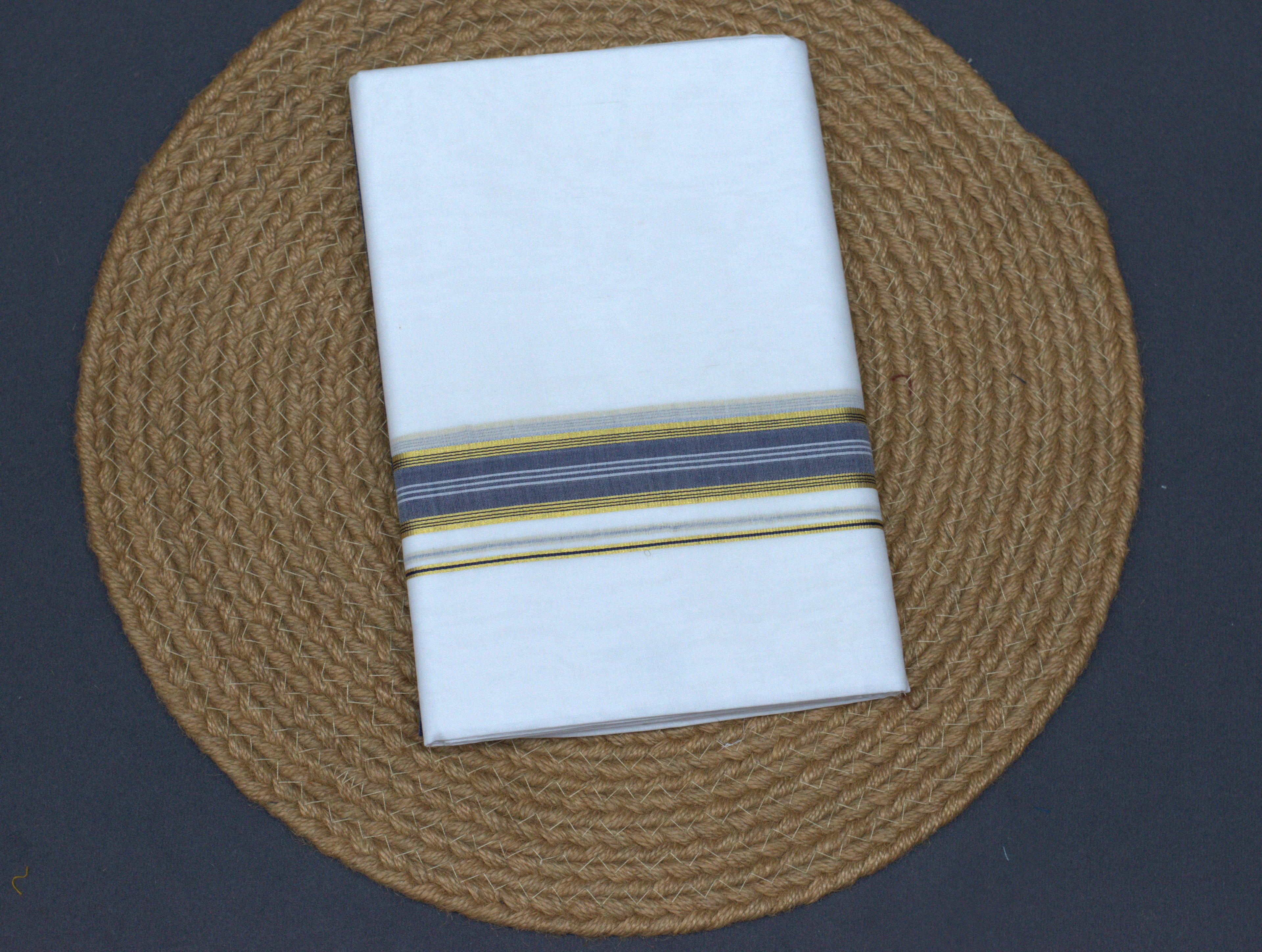 Premium White Cotton Double Mundu with Gold & Grey Kasavu Border