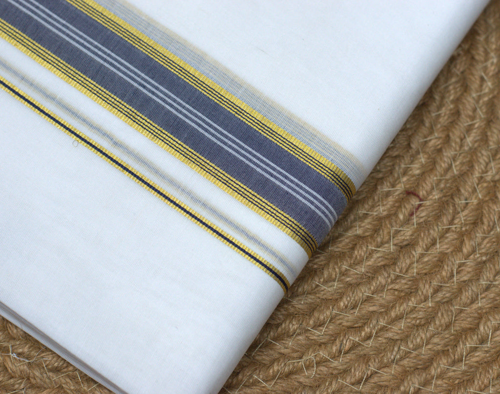 Premium White Cotton Double Mundu with Gold & Grey Kasavu Border