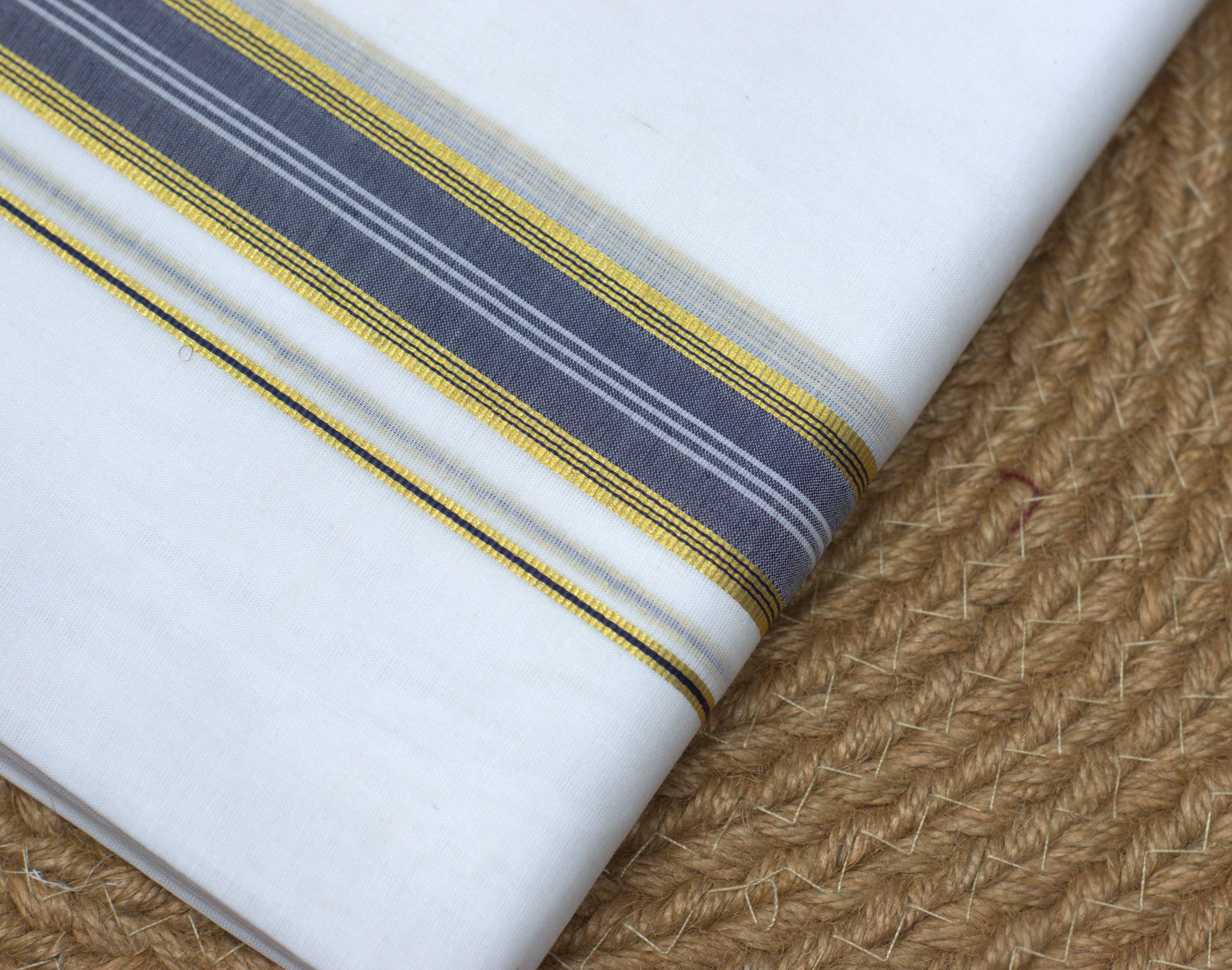 Premium White Cotton Double Mundu with Gold & Grey Kasavu Border