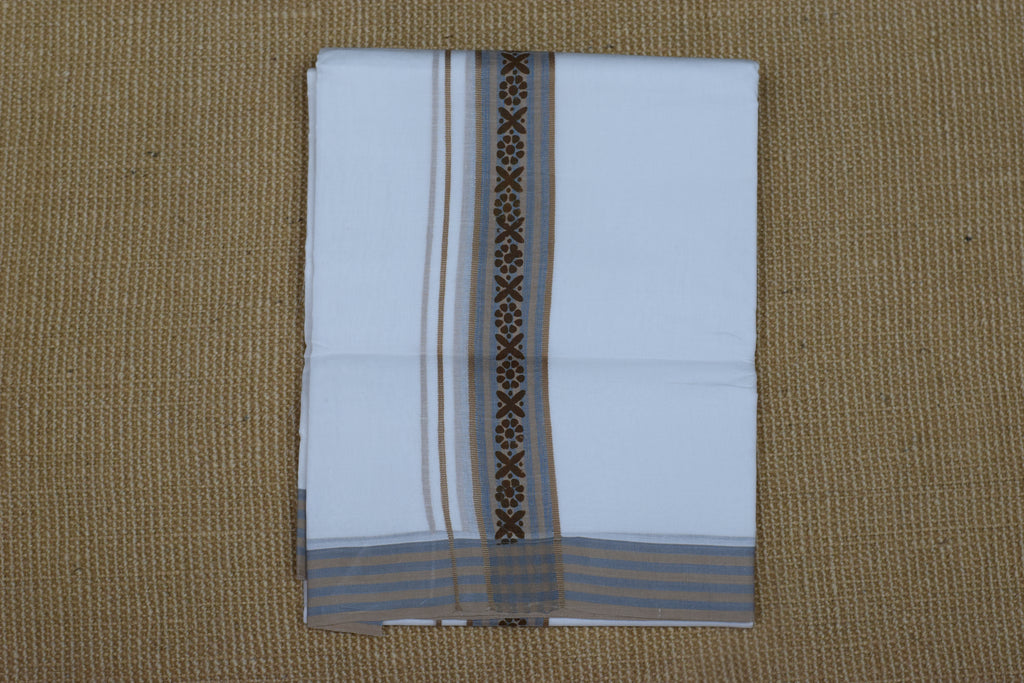 Premium White Cotton Double Mundu with Brown & Blue Kasavu Border