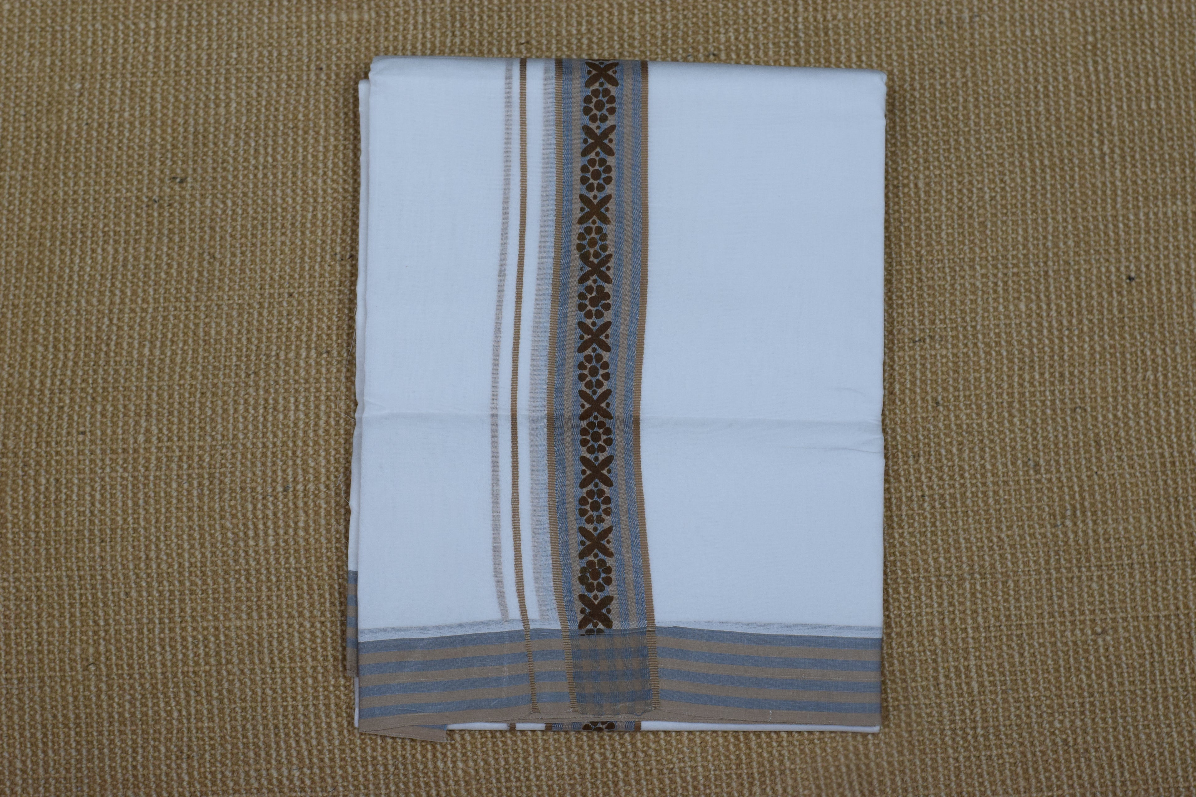 Premium White Cotton Double Mundu with Brown & Blue Kasavu Border