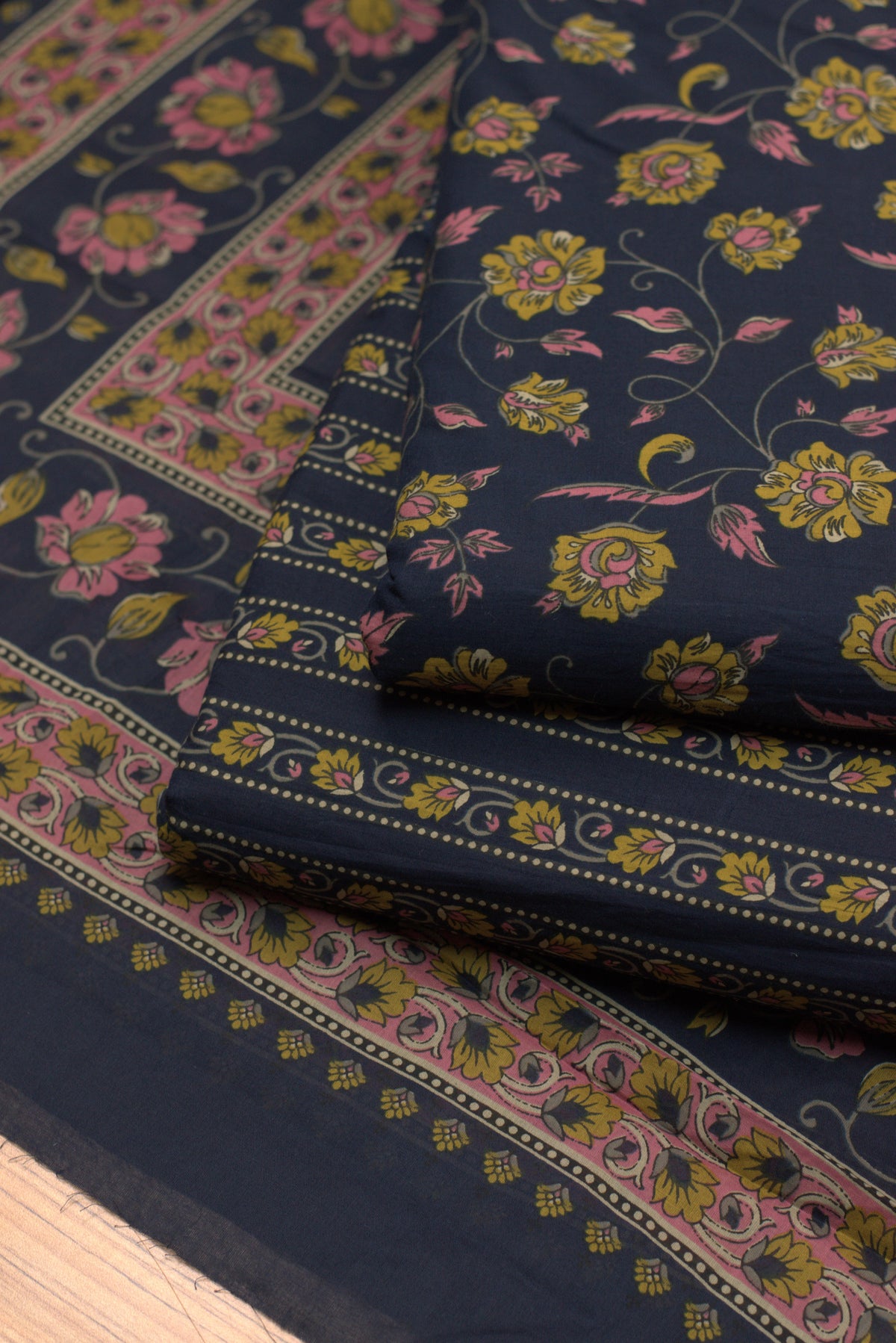 Navy Blue  Cotton Churidar Material Set with Top, Bottom & Shawl – Nushio by Pulpel