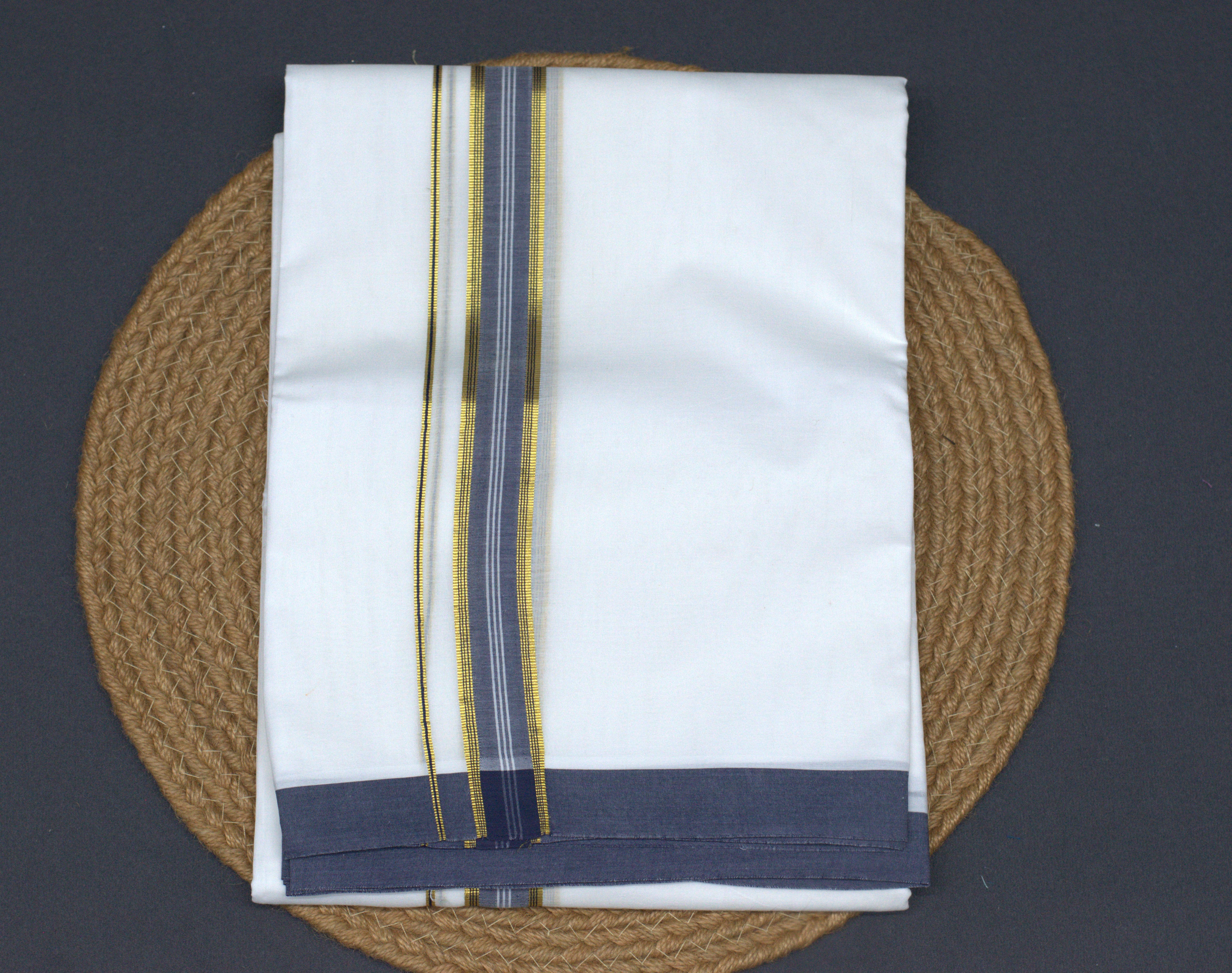 Premium White Cotton Double Mundu with Gold & Grey Kasavu Border