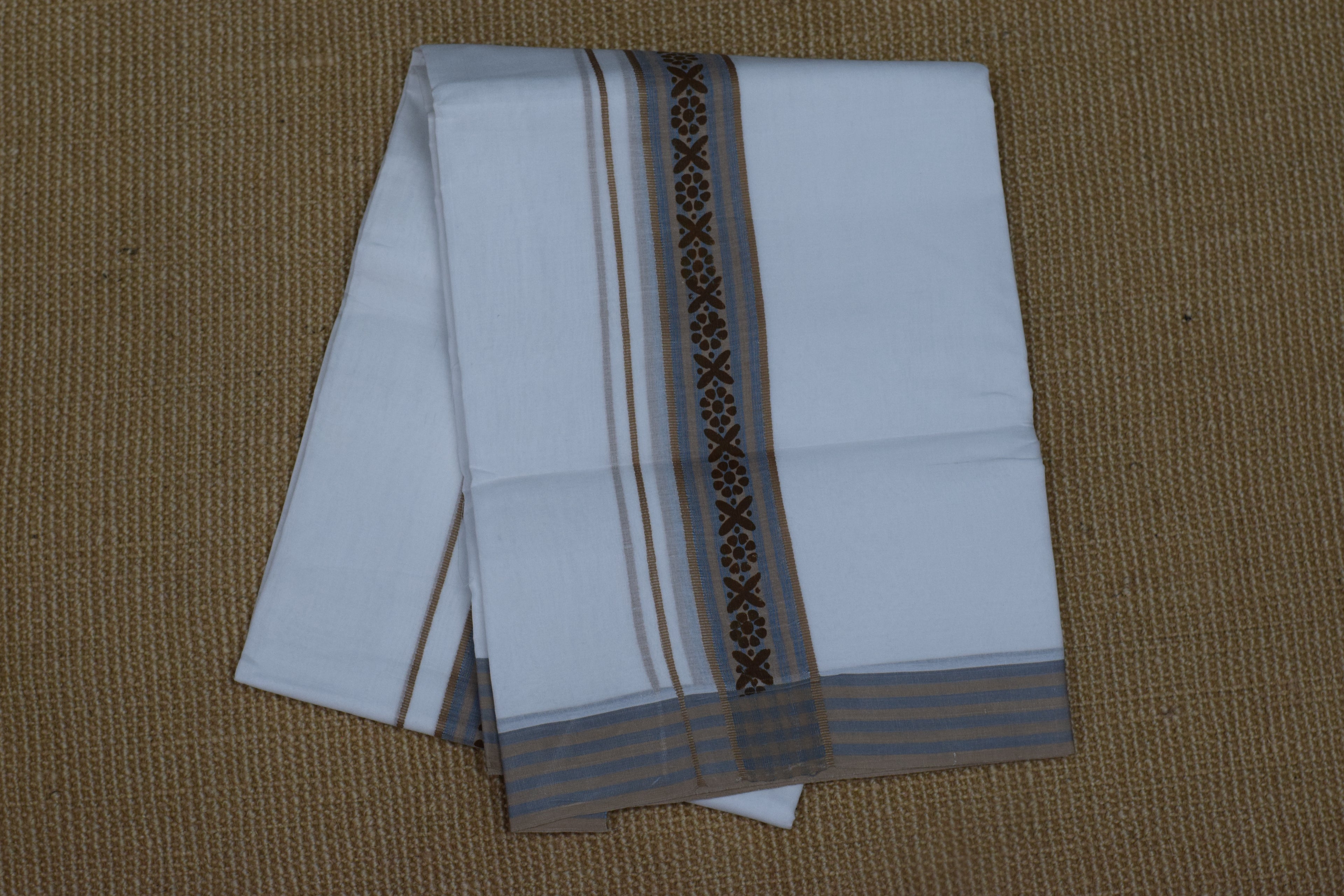Premium White Cotton Double Mundu with Brown & Blue Kasavu Border
