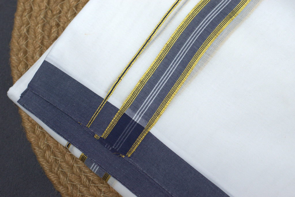 Premium White Cotton Double Mundu with Gold & Grey Kasavu Border
