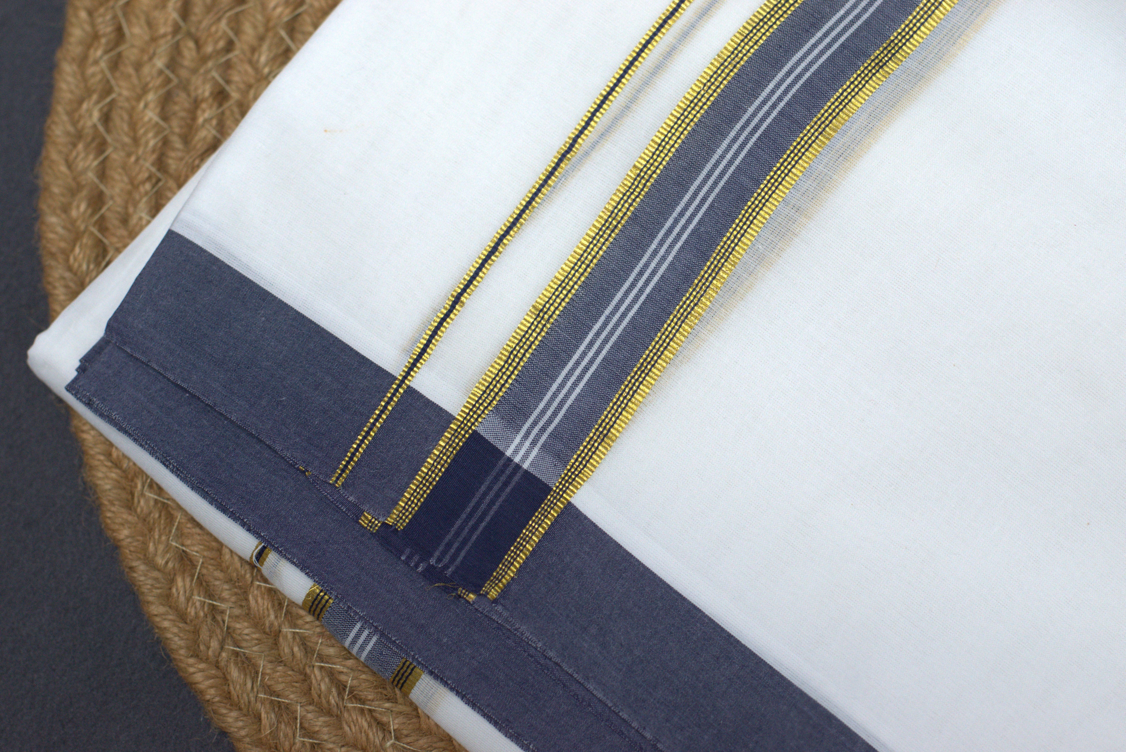 Premium White Cotton Double Mundu with Gold & Grey Kasavu Border