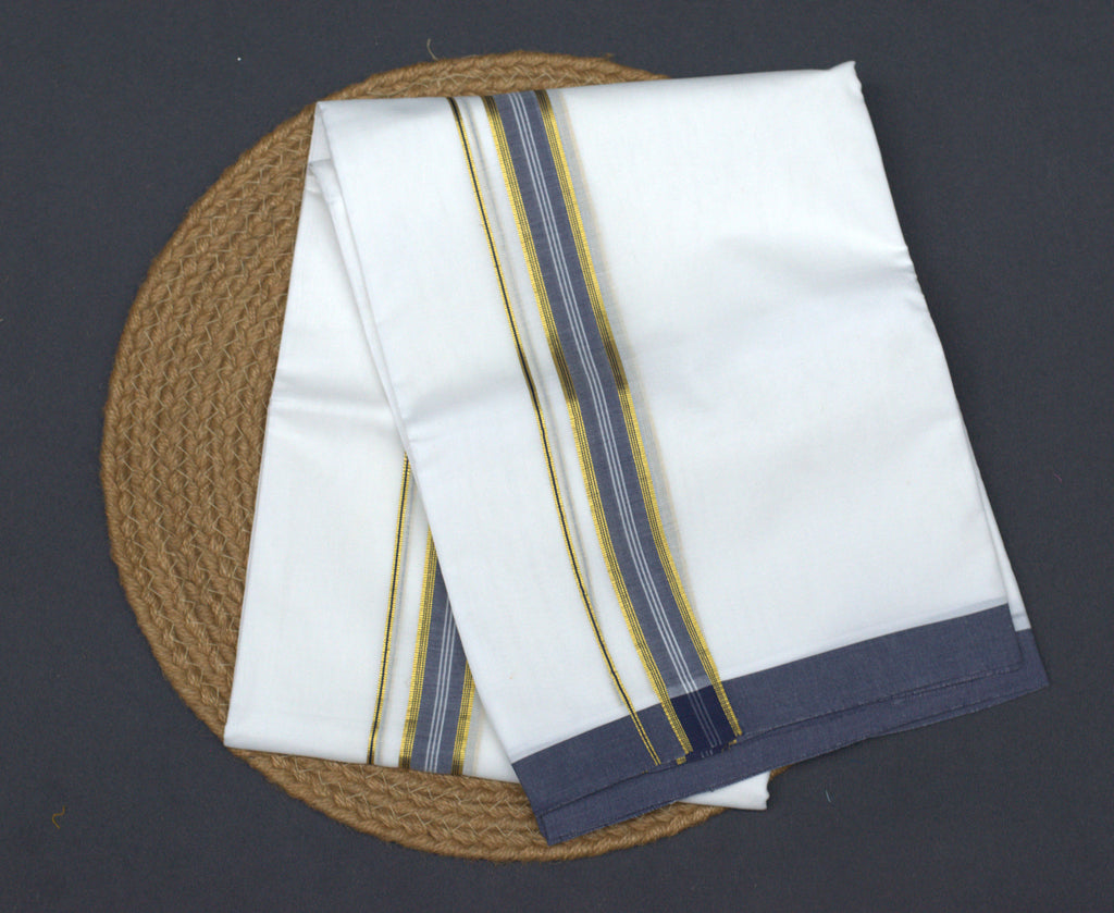 Premium White Cotton Double Mundu with Gold & Grey Kasavu Border