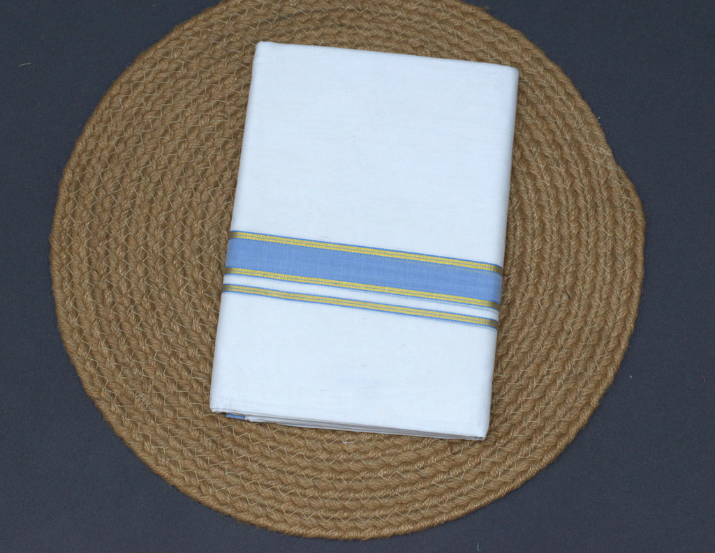 Premium White Cotton Double Mundu with Sky Blue & Gold Kasavu Border