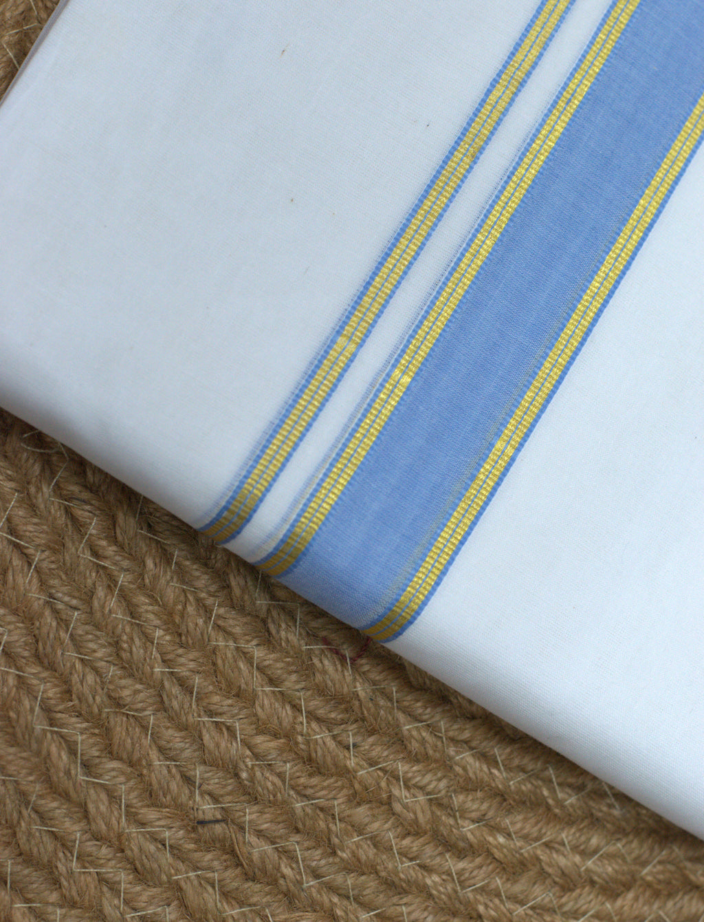 Premium White Cotton Double Mundu with Sky Blue & Gold Kasavu Border