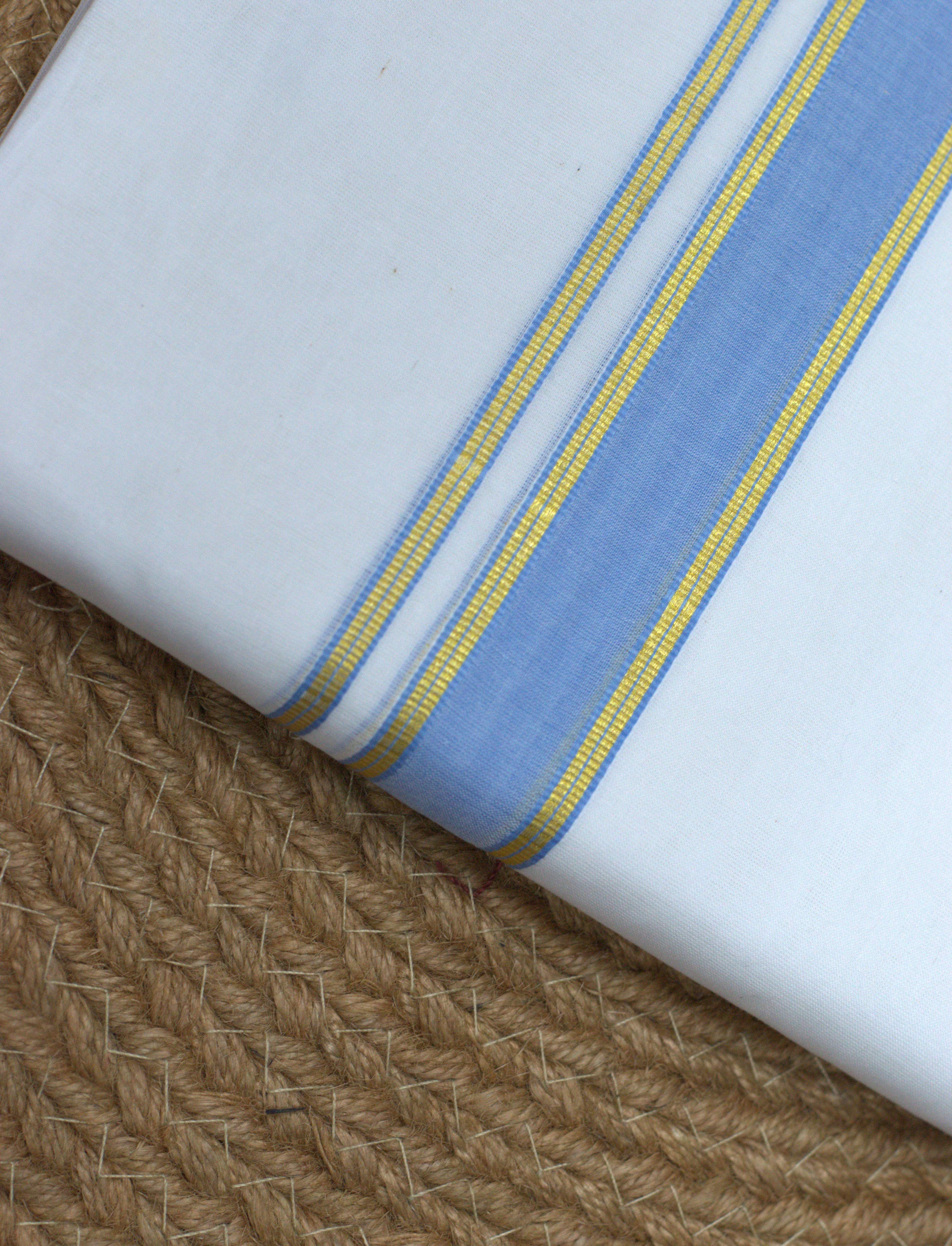 Premium White Cotton Double Mundu with Sky Blue & Gold Kasavu Border