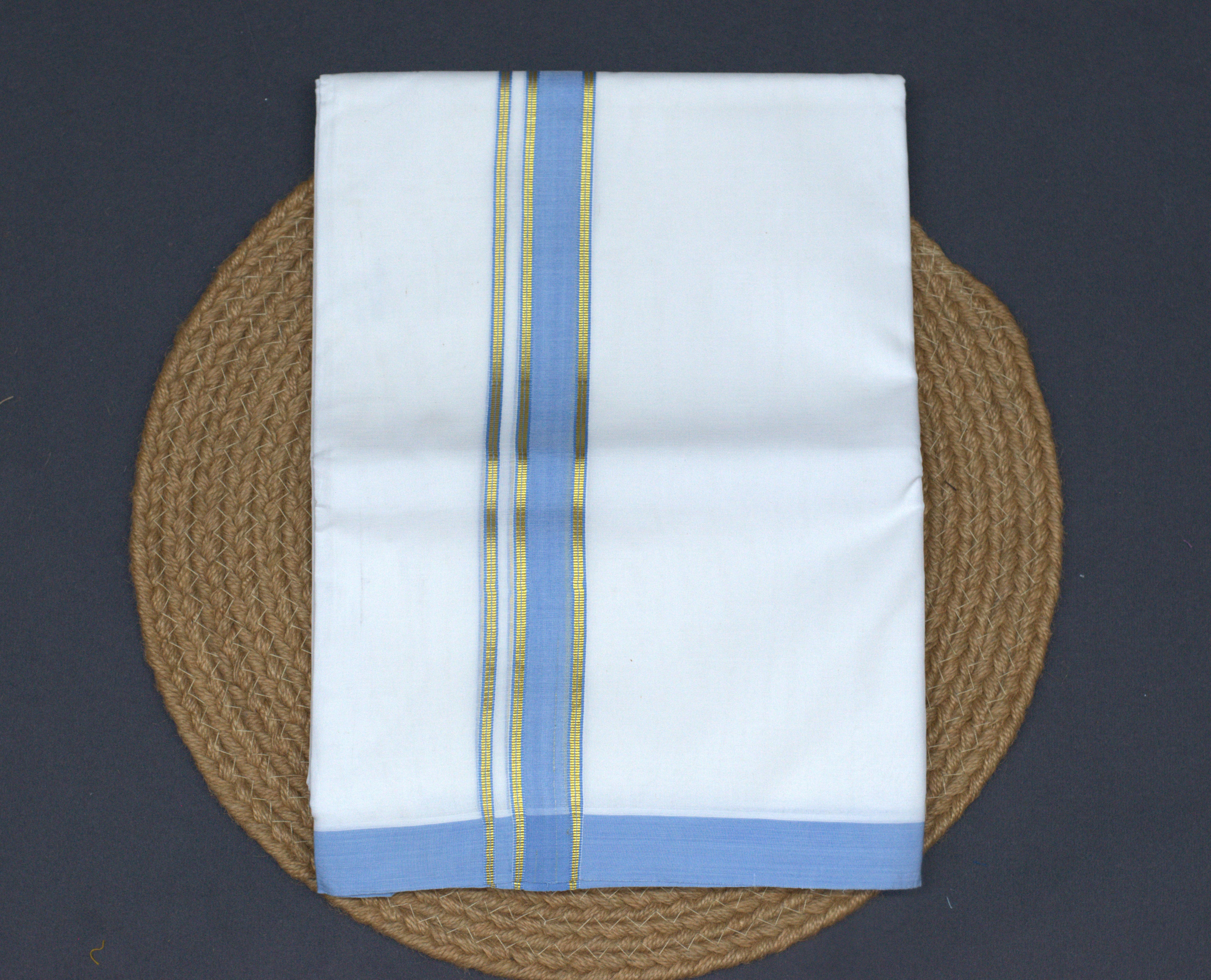 Premium White Cotton Double Mundu with Sky Blue & Gold Kasavu Border