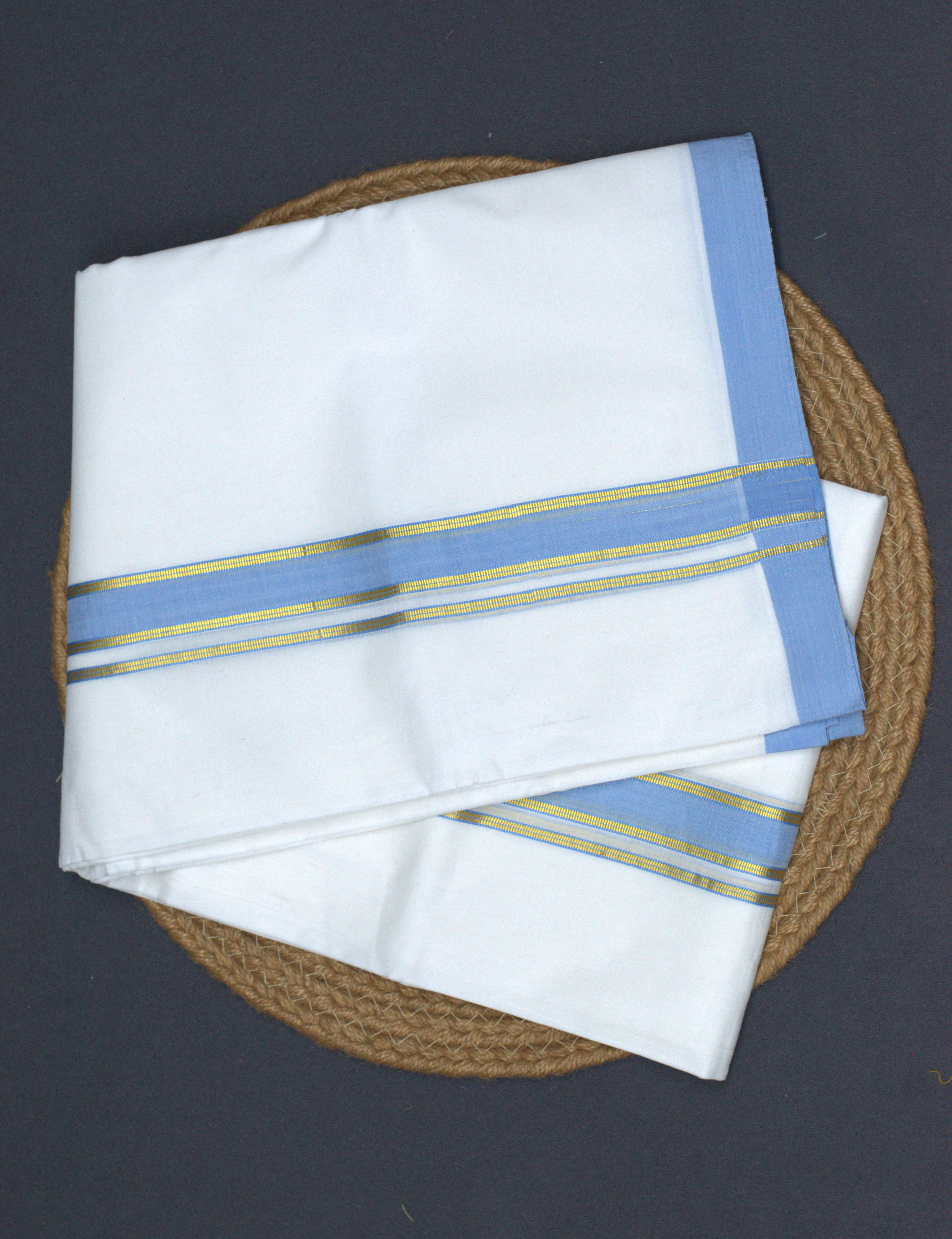 Premium White Cotton Double Mundu with Sky Blue & Gold Kasavu Border
