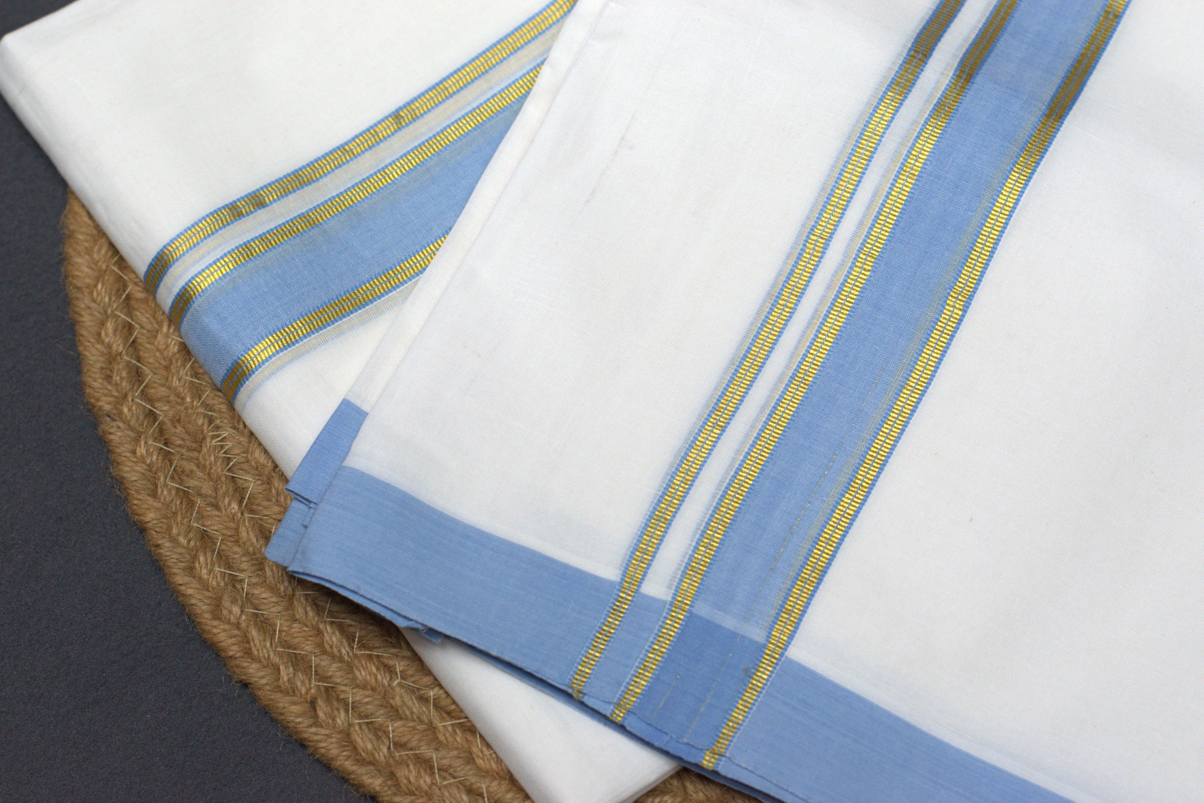 Premium White Cotton Double Mundu with Sky Blue & Gold Kasavu Border