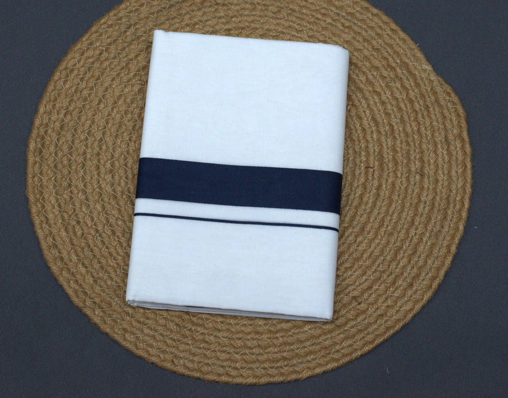 Premium White Cotton Double Mundu with Navy Blue Border