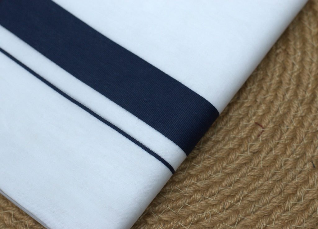 Premium White Cotton Double Mundu with Navy Blue Border