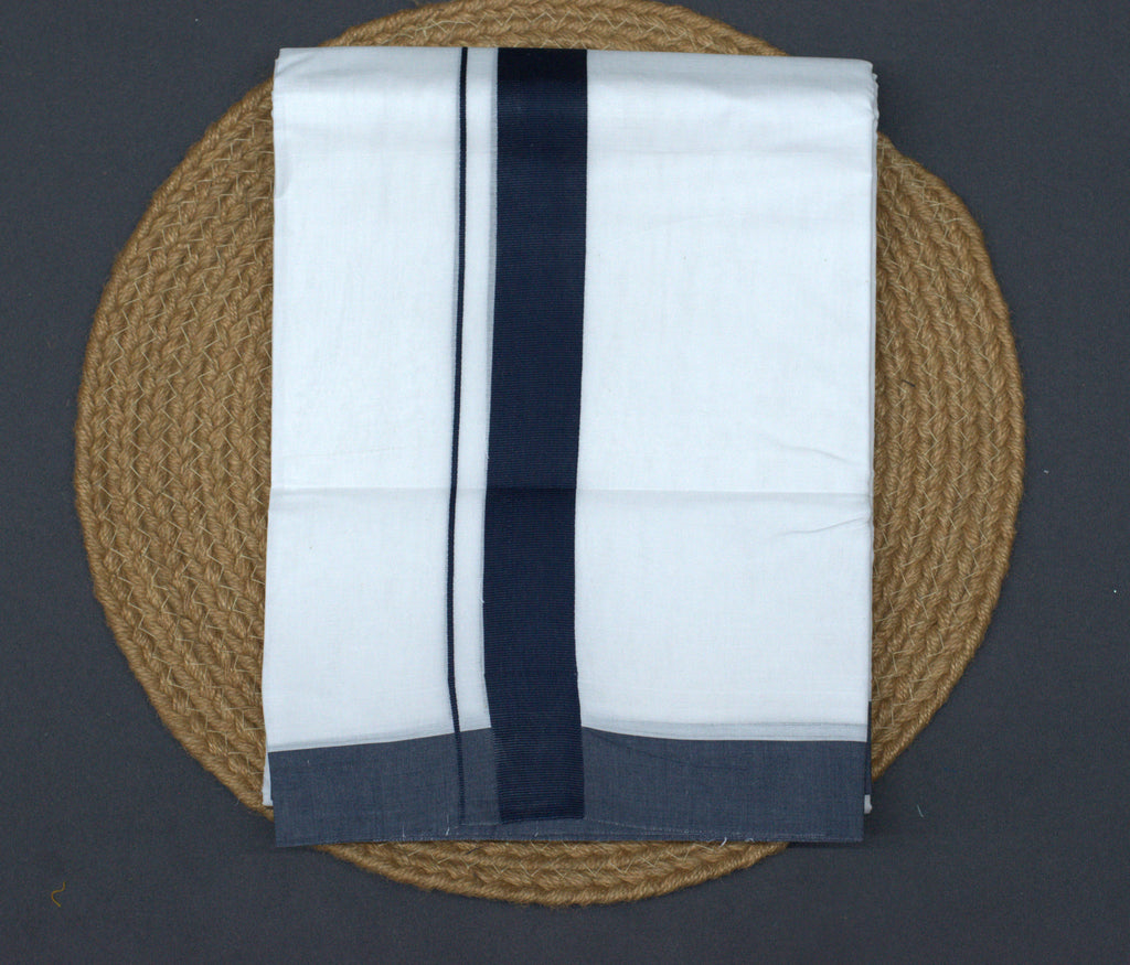 Premium White Cotton Double Mundu with Navy Blue Border