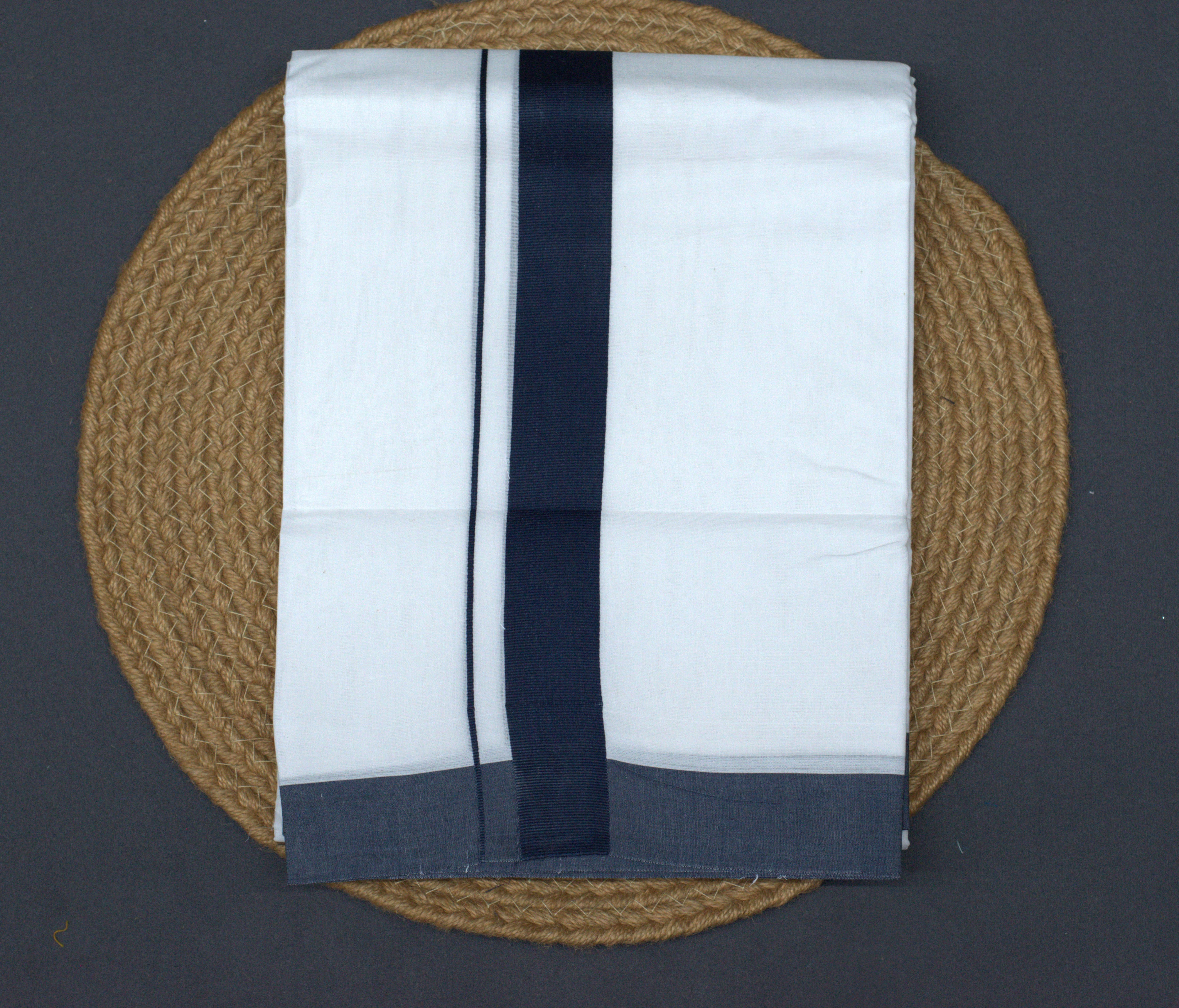 Premium White Cotton Double Mundu with Navy Blue Border