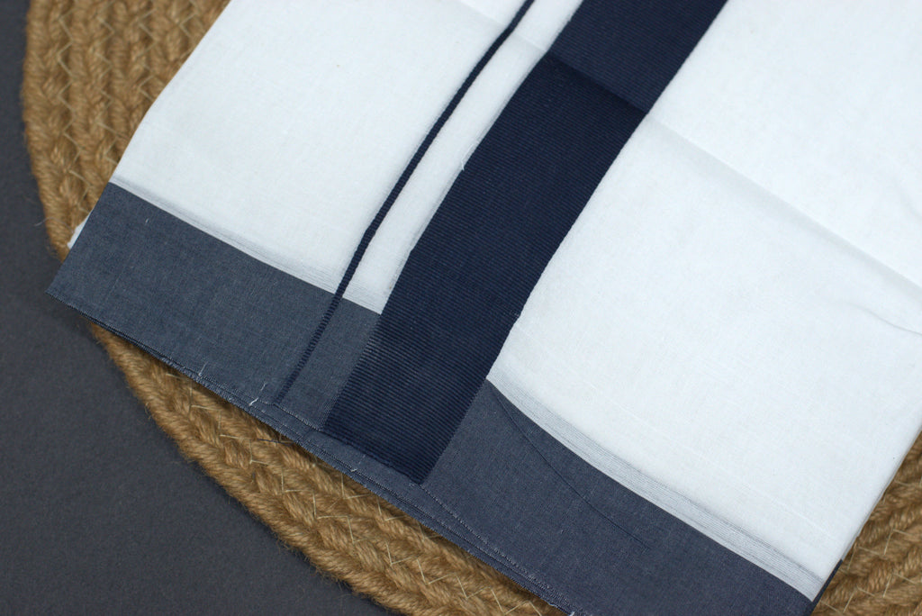 Premium White Cotton Double Mundu with Navy Blue Border